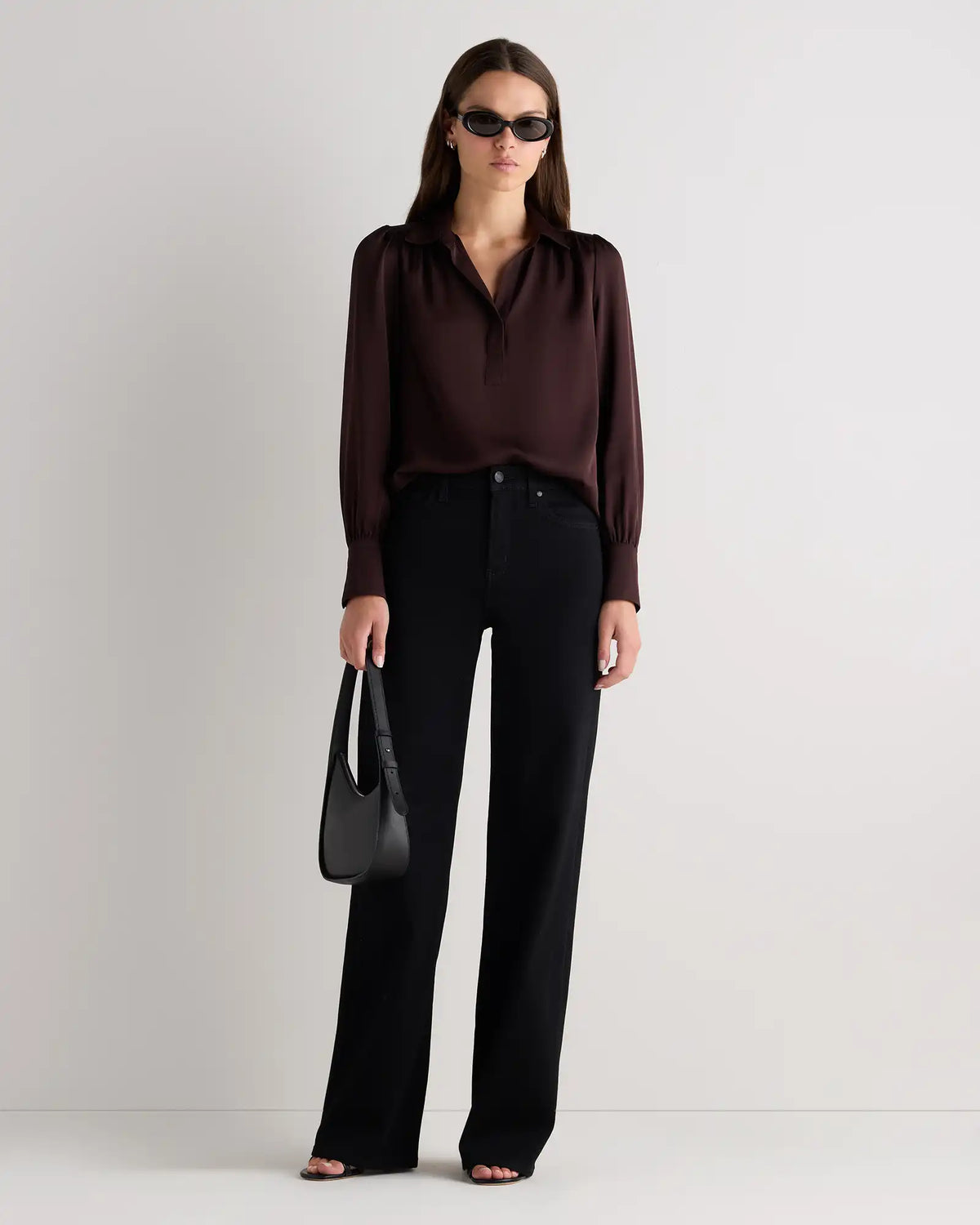 Washable Stretch Silk Split Neck Blouse
