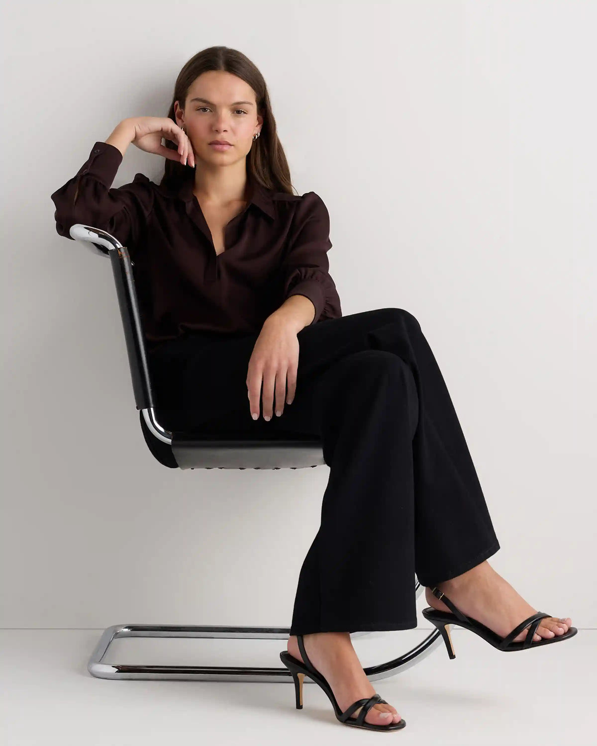 Washable Stretch Silk Split Neck Blouse