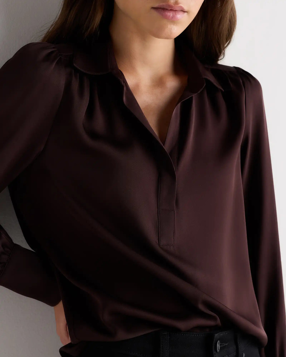 Washable Stretch Silk Split Neck Blouse