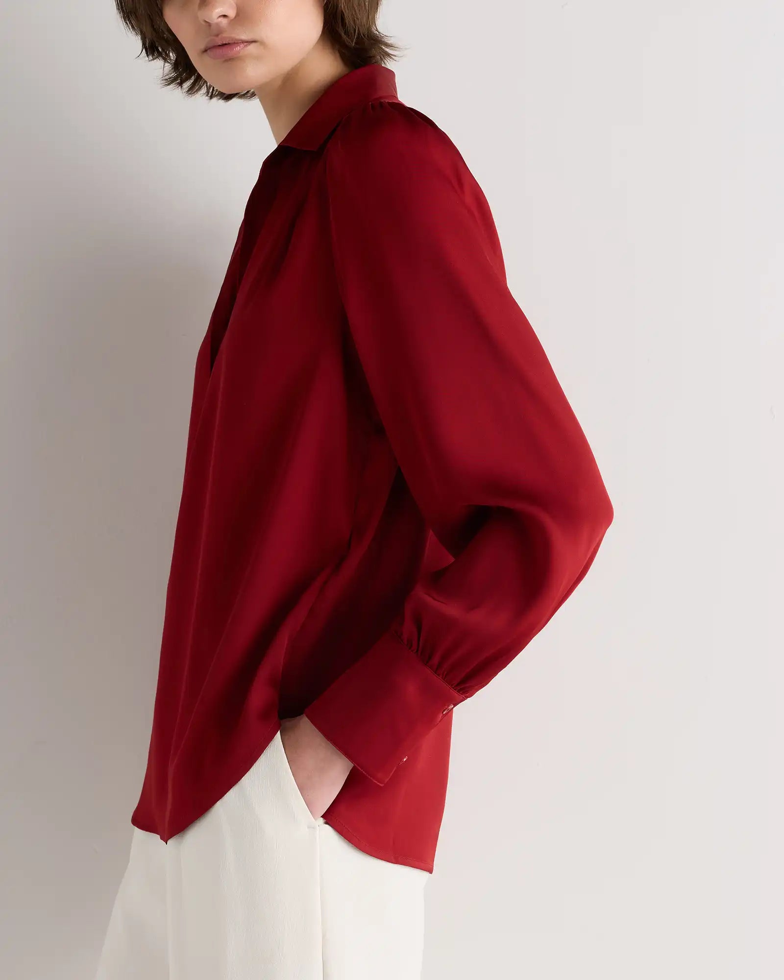 Washable Stretch Silk Split Neck Blouse