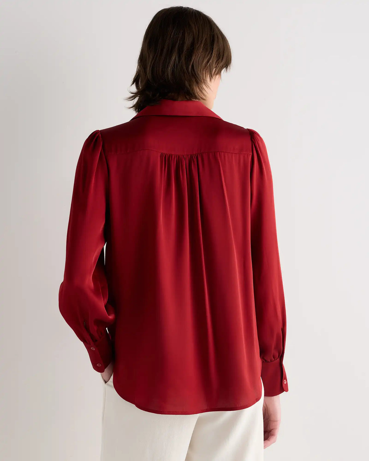 Washable Stretch Silk Split Neck Blouse