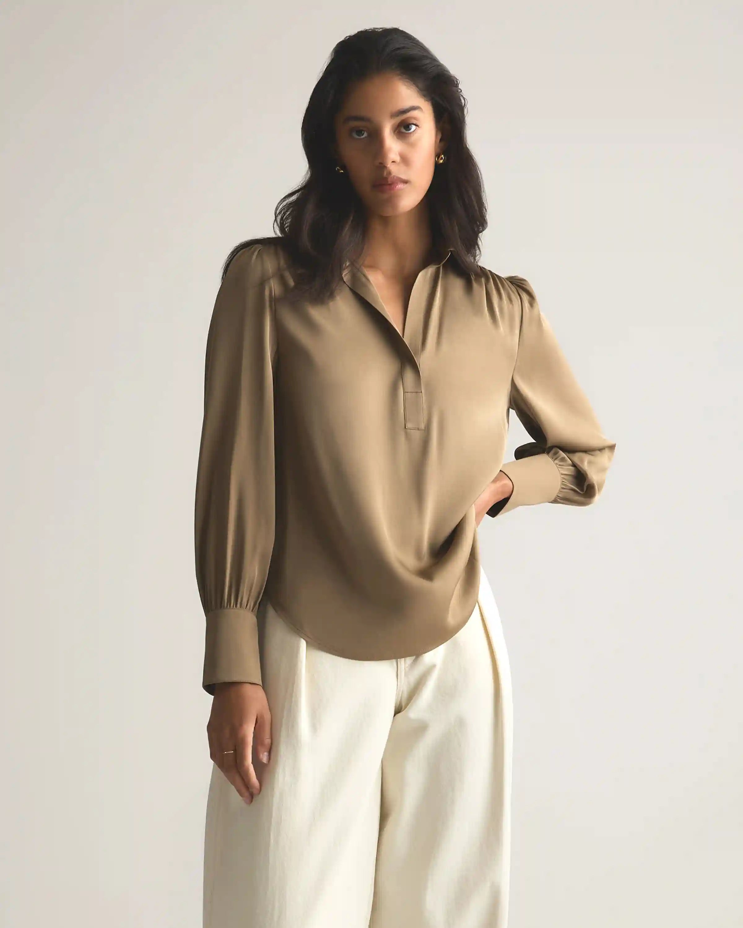 Washable Stretch Silk Split Neck Blouse