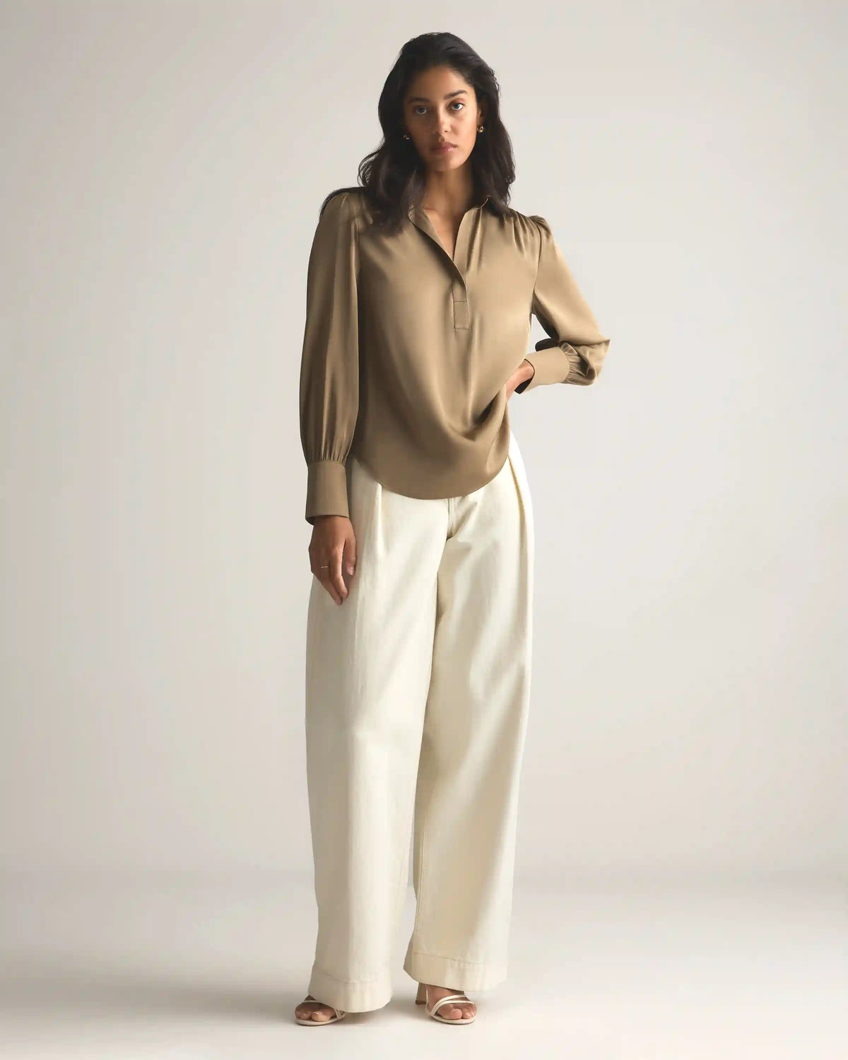 Washable Stretch Silk Split Neck Blouse