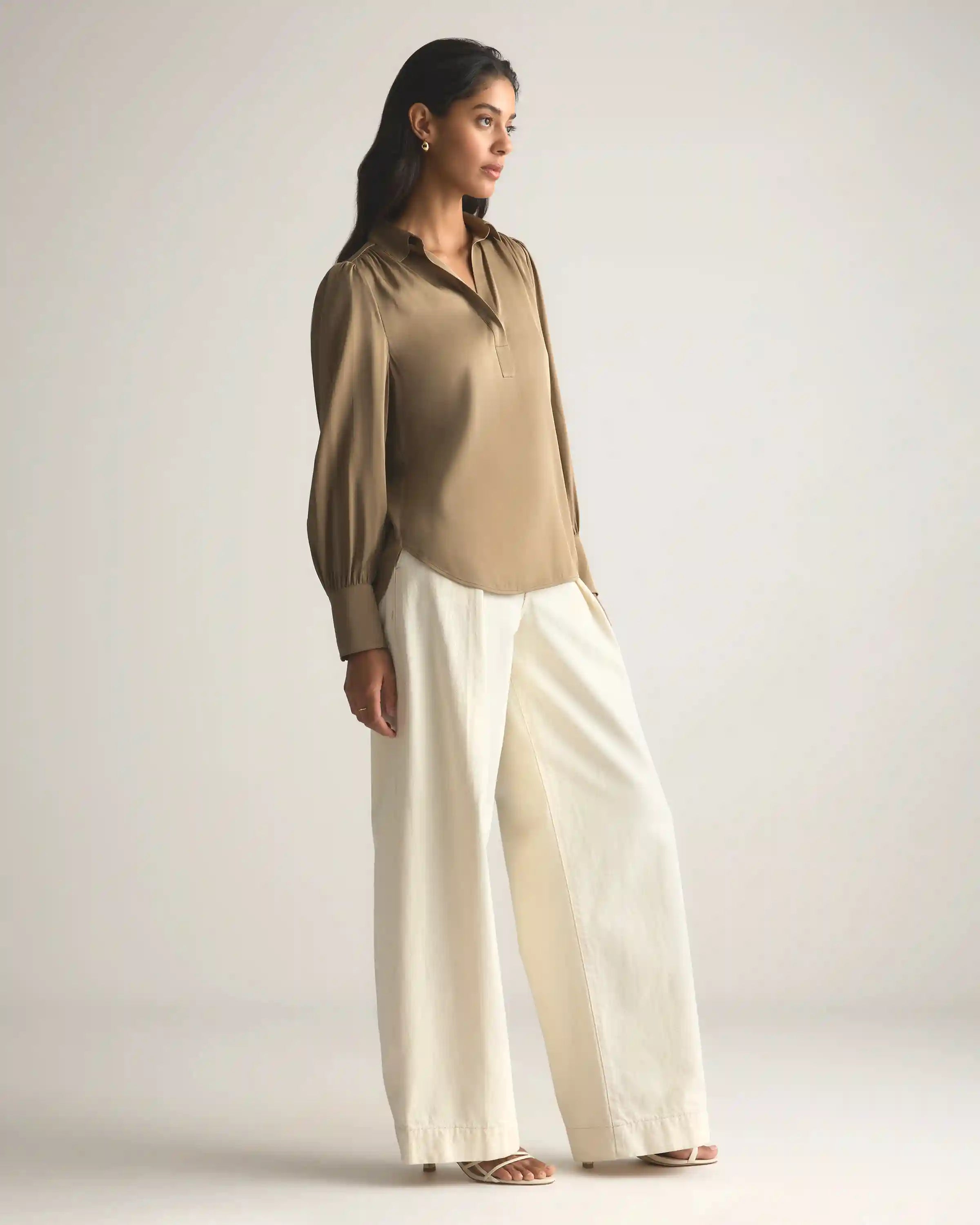 Washable Stretch Silk Split Neck Blouse