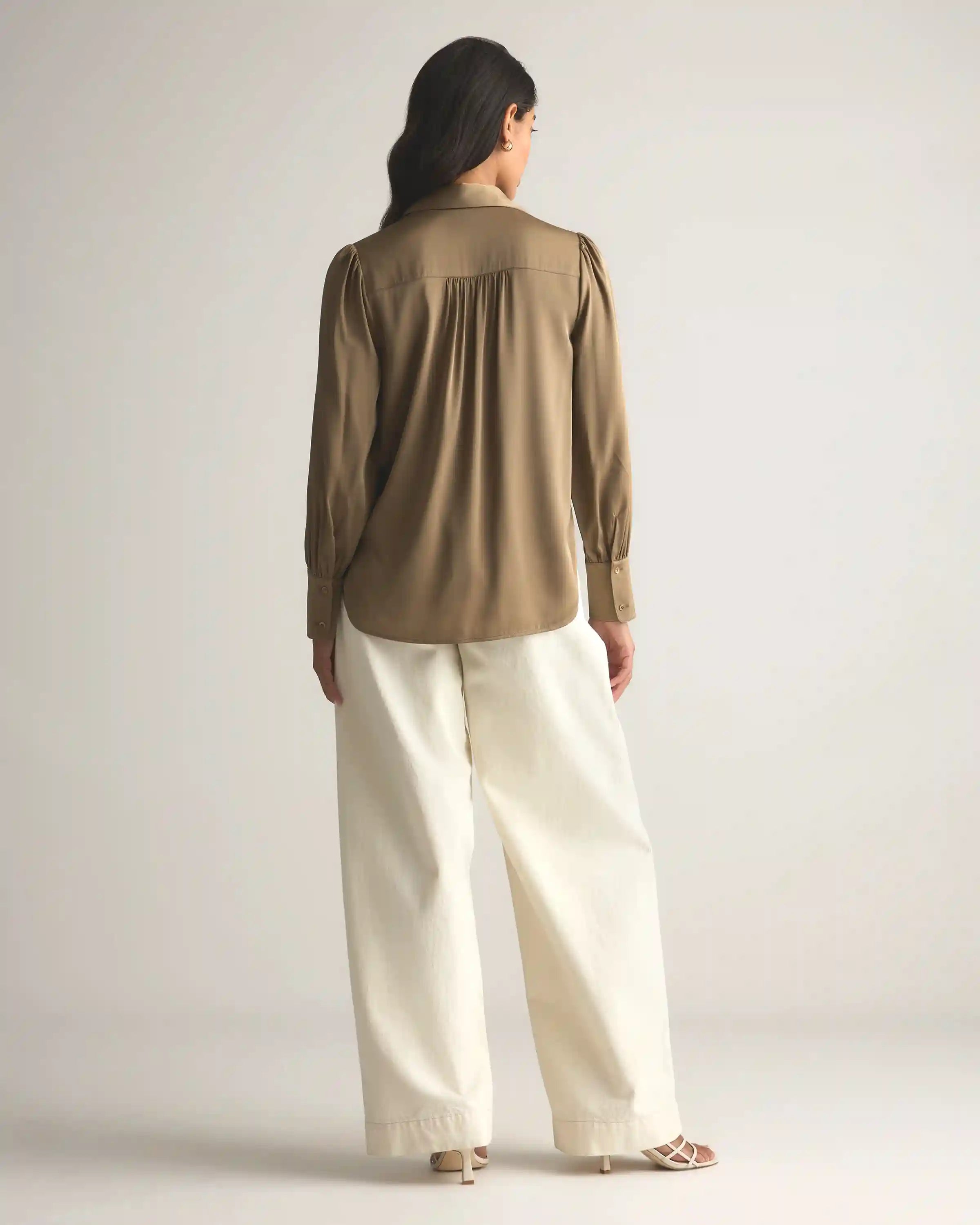 Washable Stretch Silk Split Neck Blouse