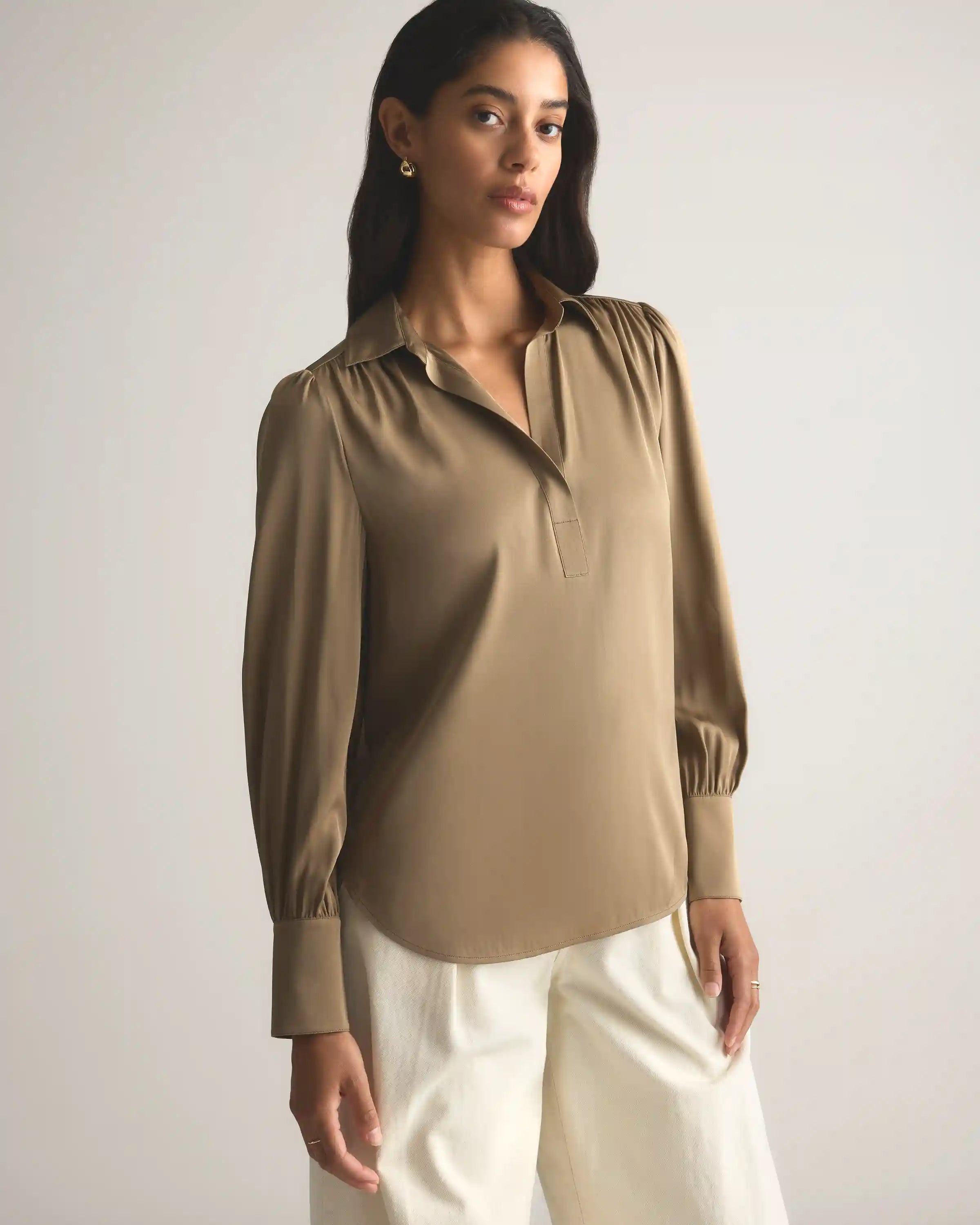Washable Stretch Silk Split Neck Blouse