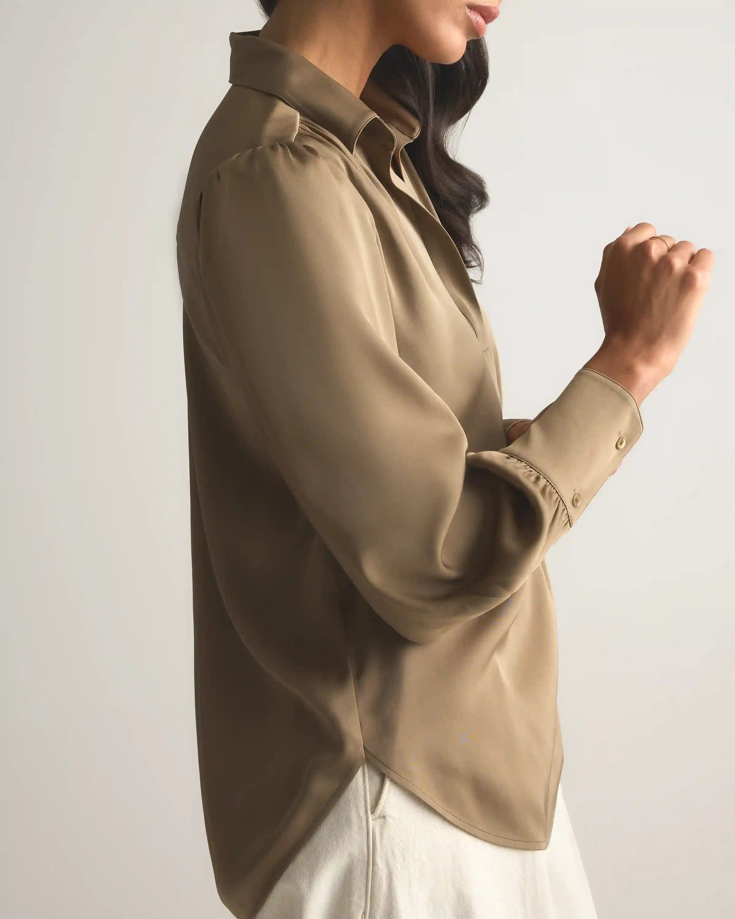 Washable Stretch Silk Split Neck Blouse