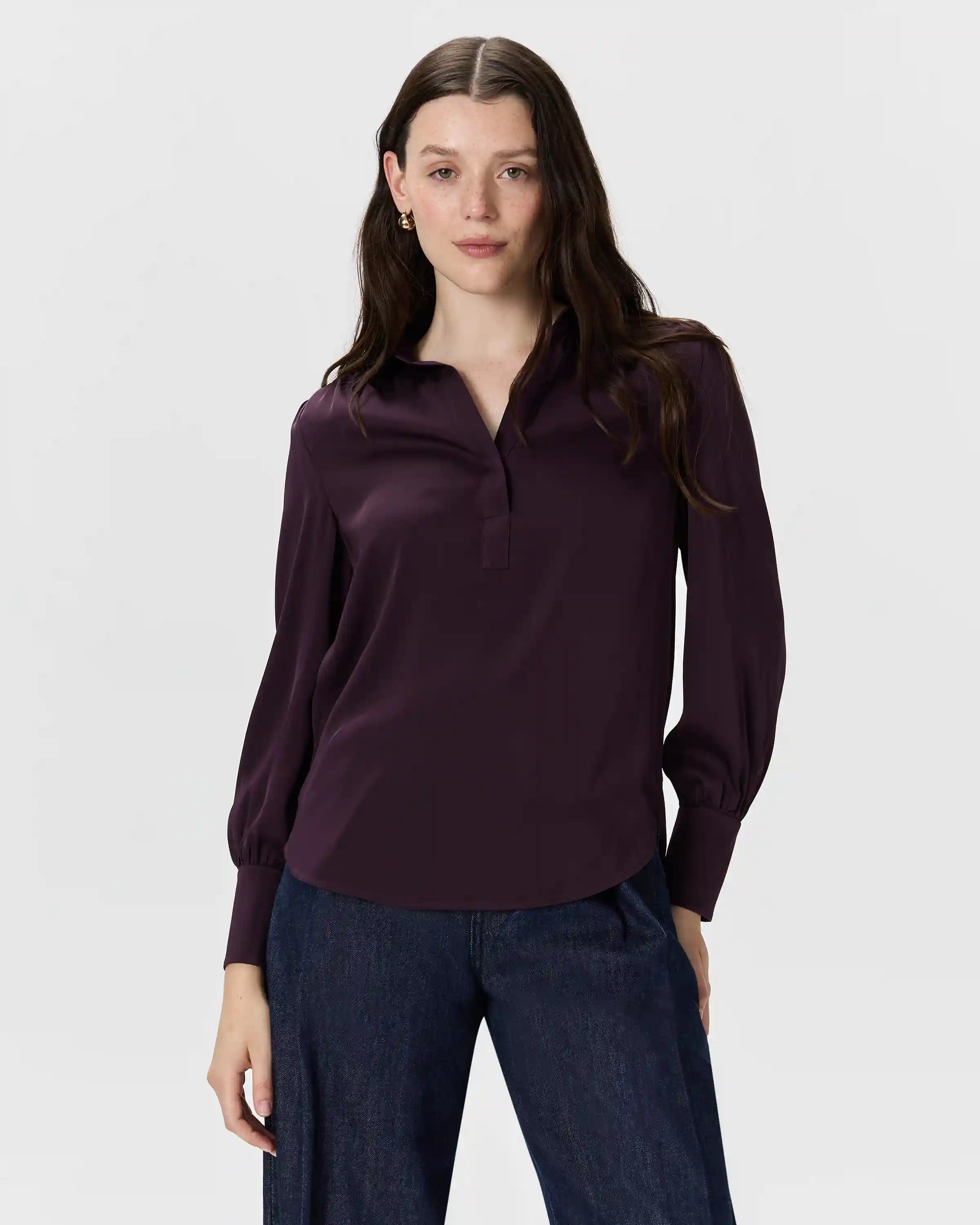 Washable Stretch Silk Split Neck Blouse