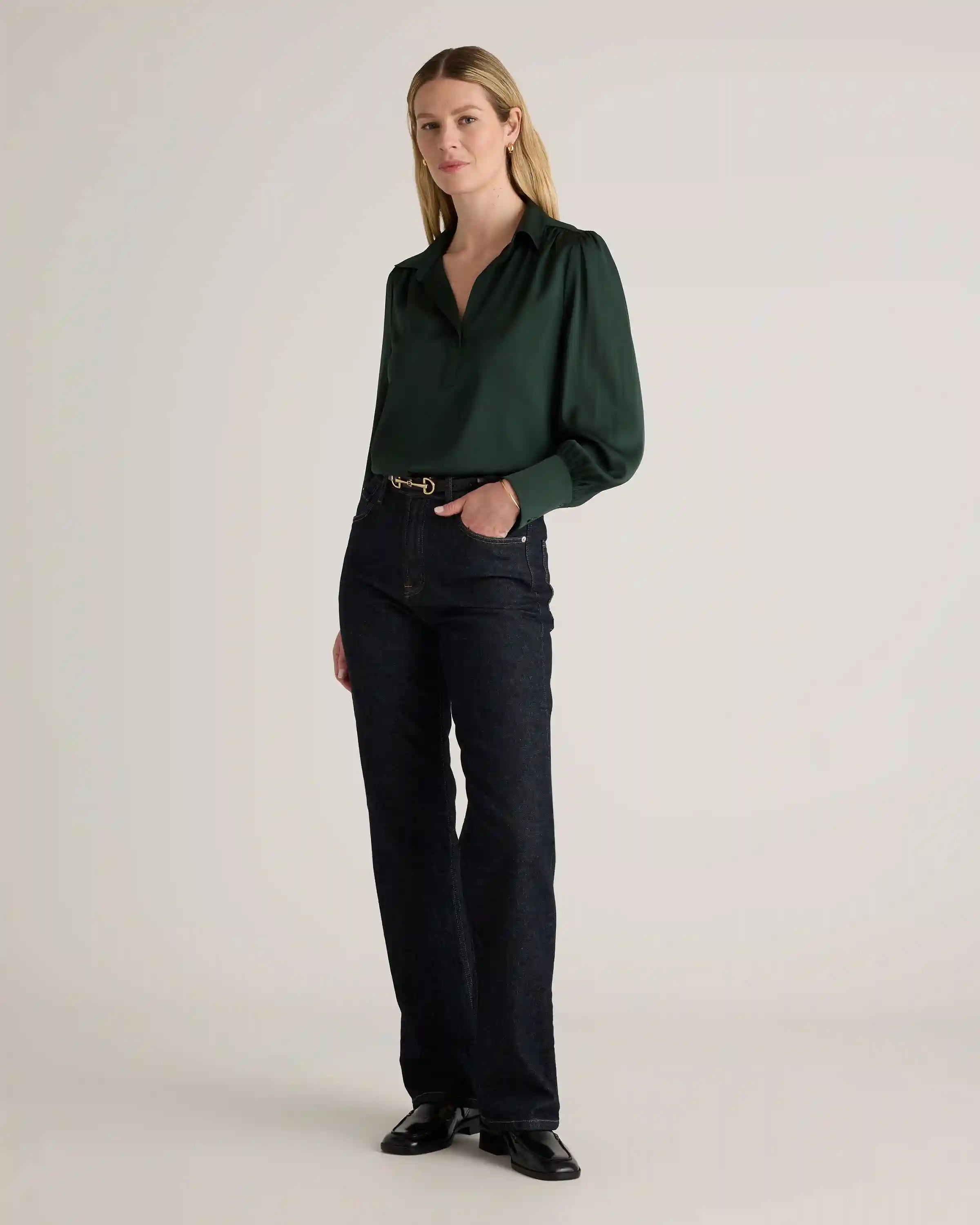 Washable Stretch Silk Split Neck Blouse