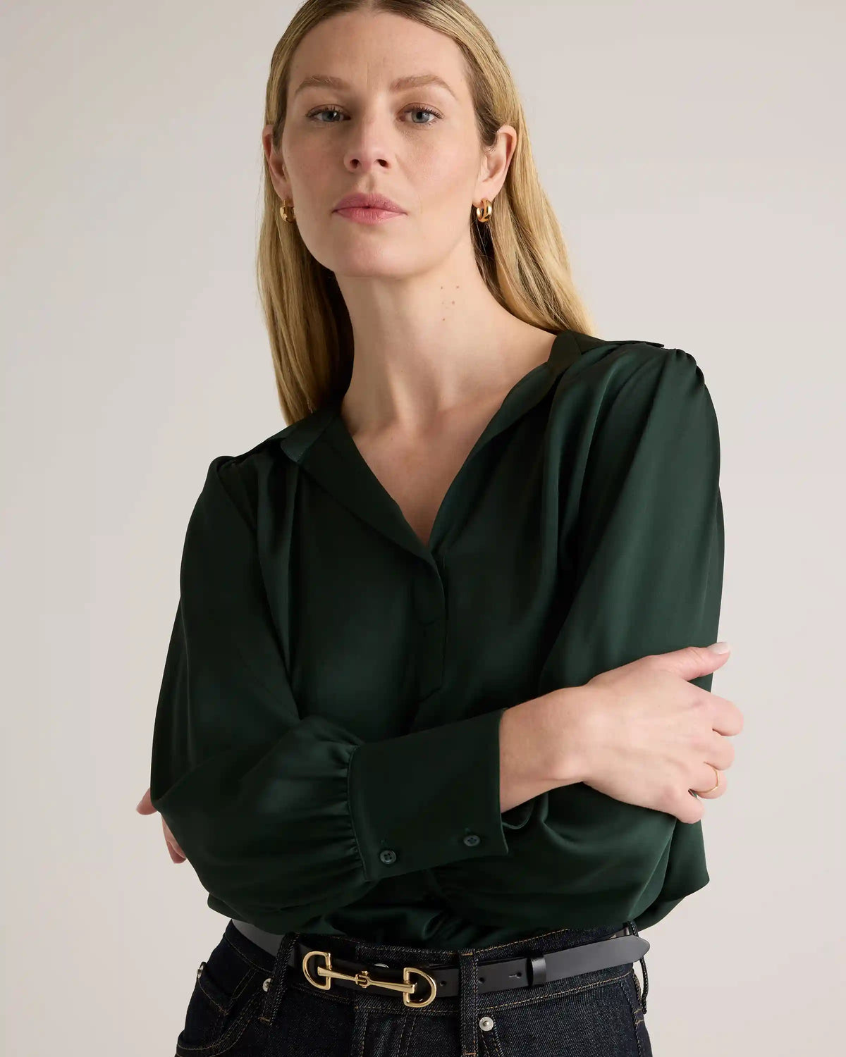 Washable Stretch Silk Split Neck Blouse