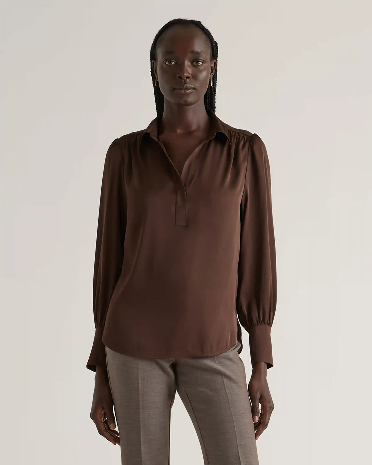Washable Stretch Silk Split Neck Blouse