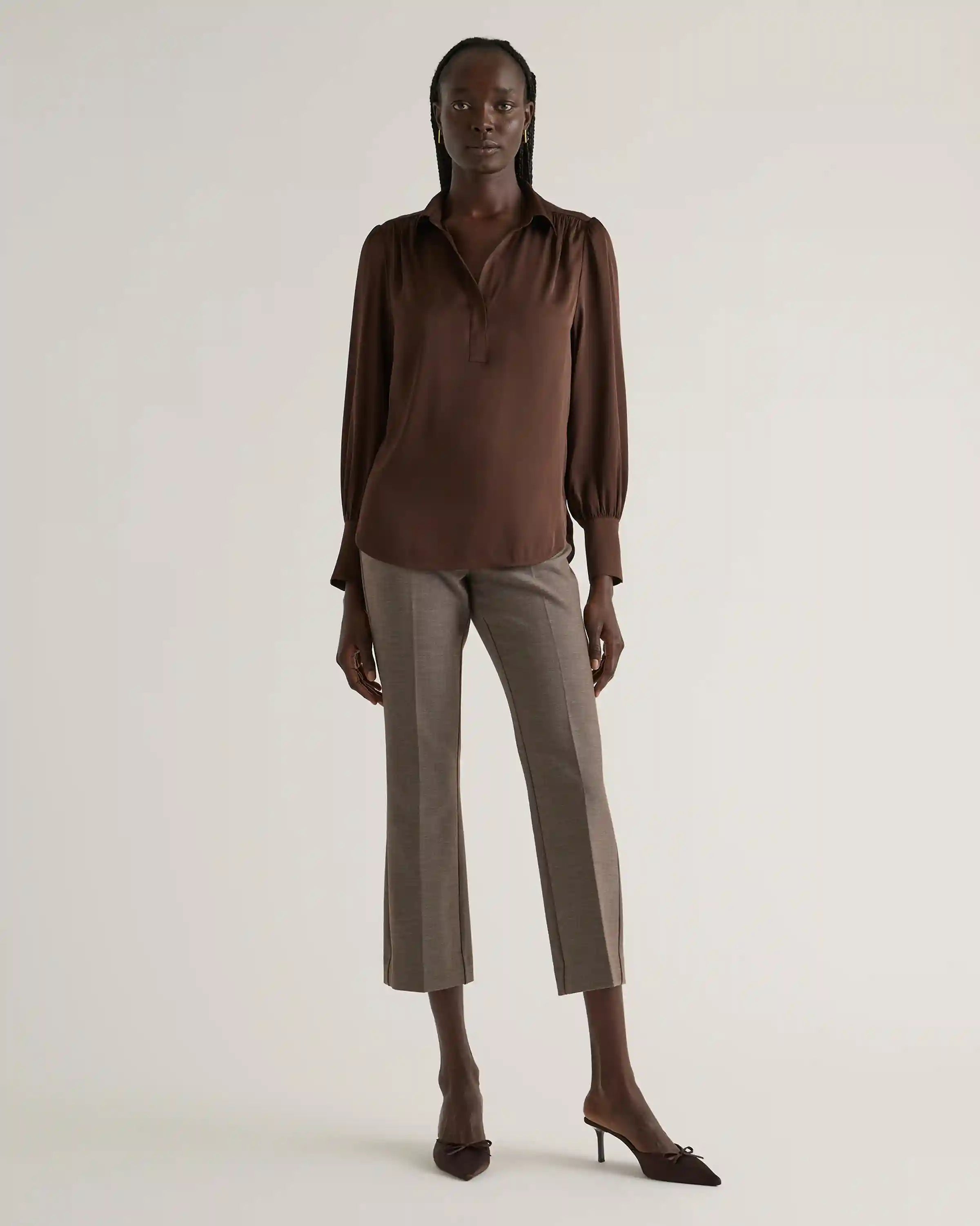 Washable Stretch Silk Split Neck Blouse