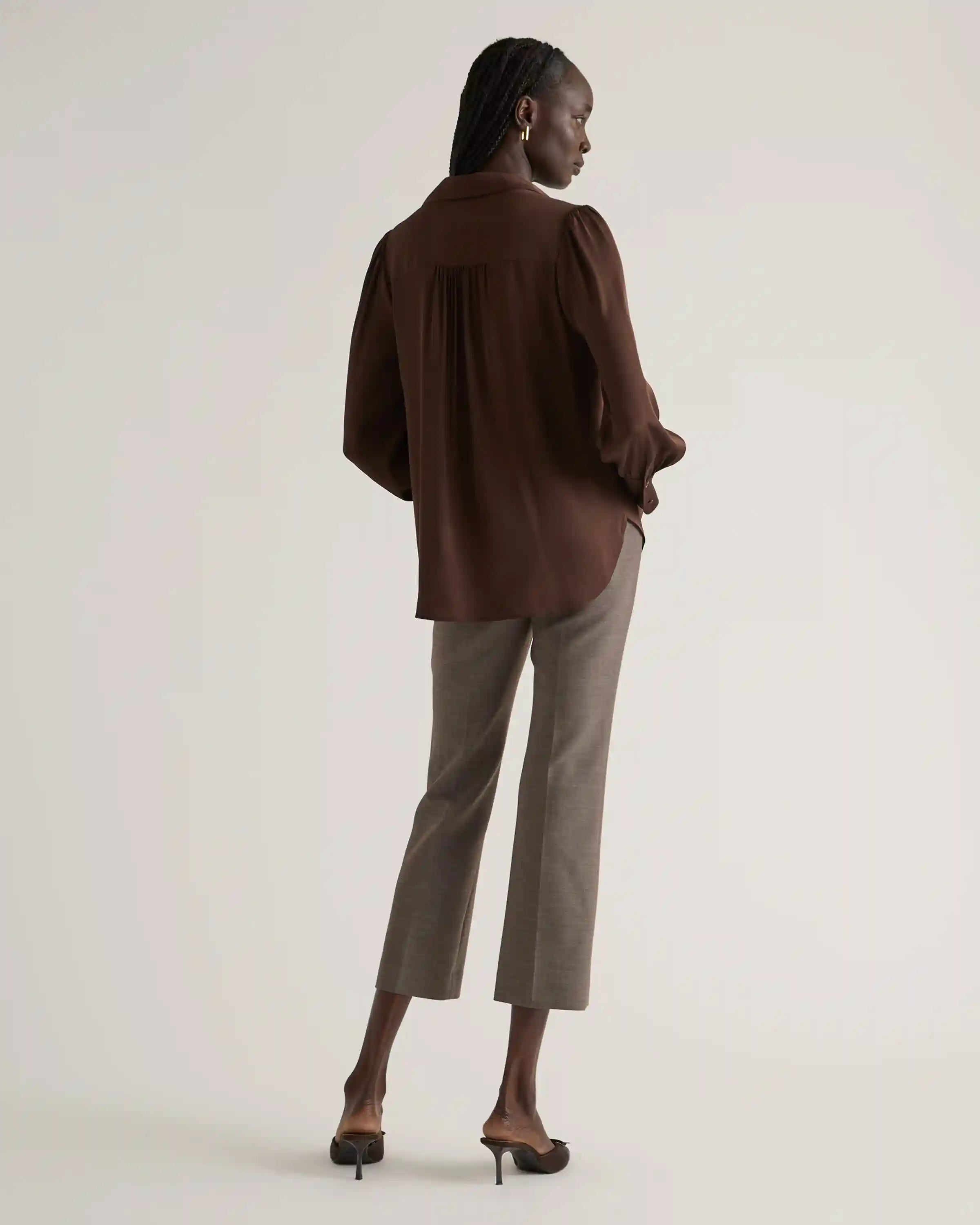 Washable Stretch Silk Split Neck Blouse