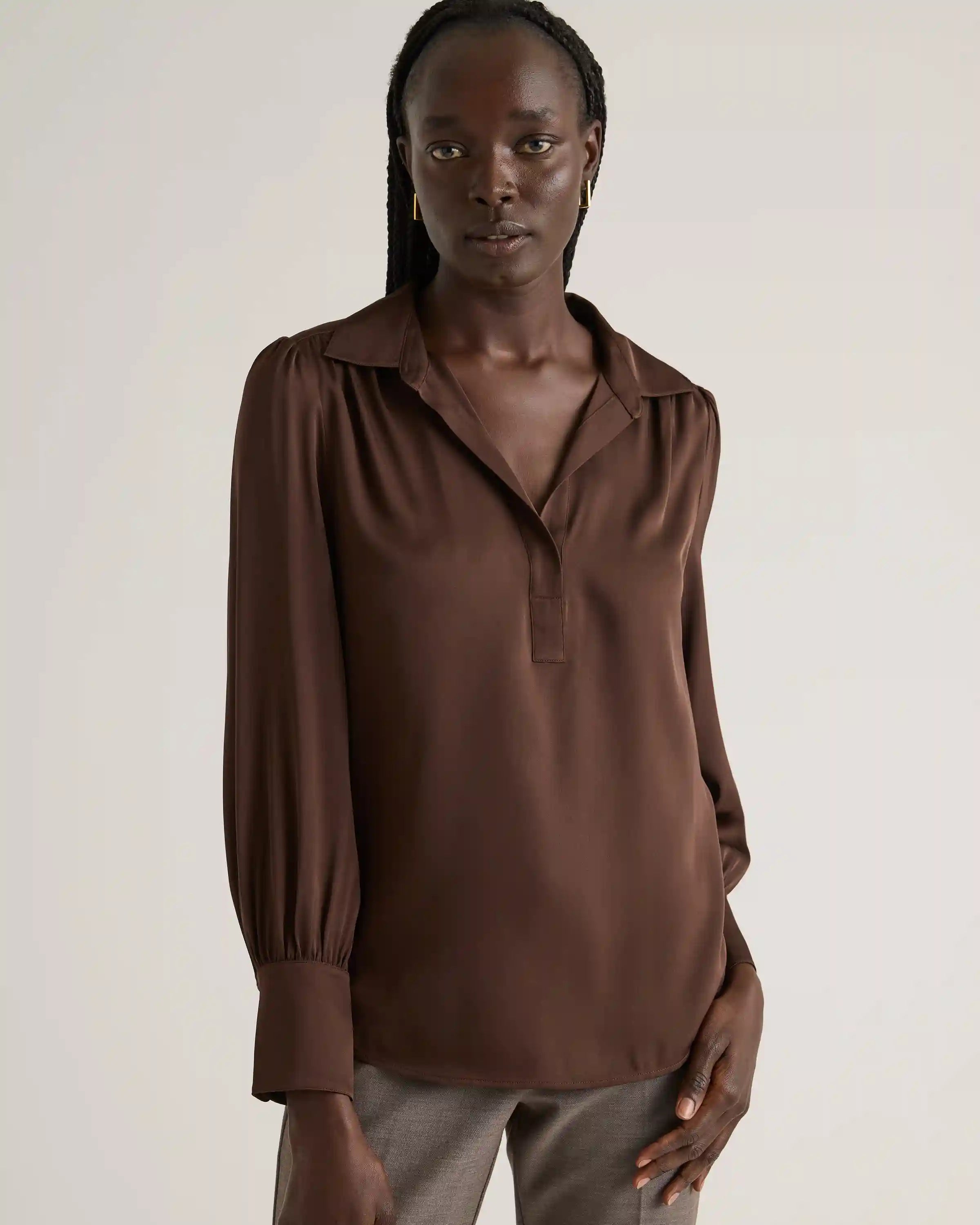Washable Stretch Silk Split Neck Blouse