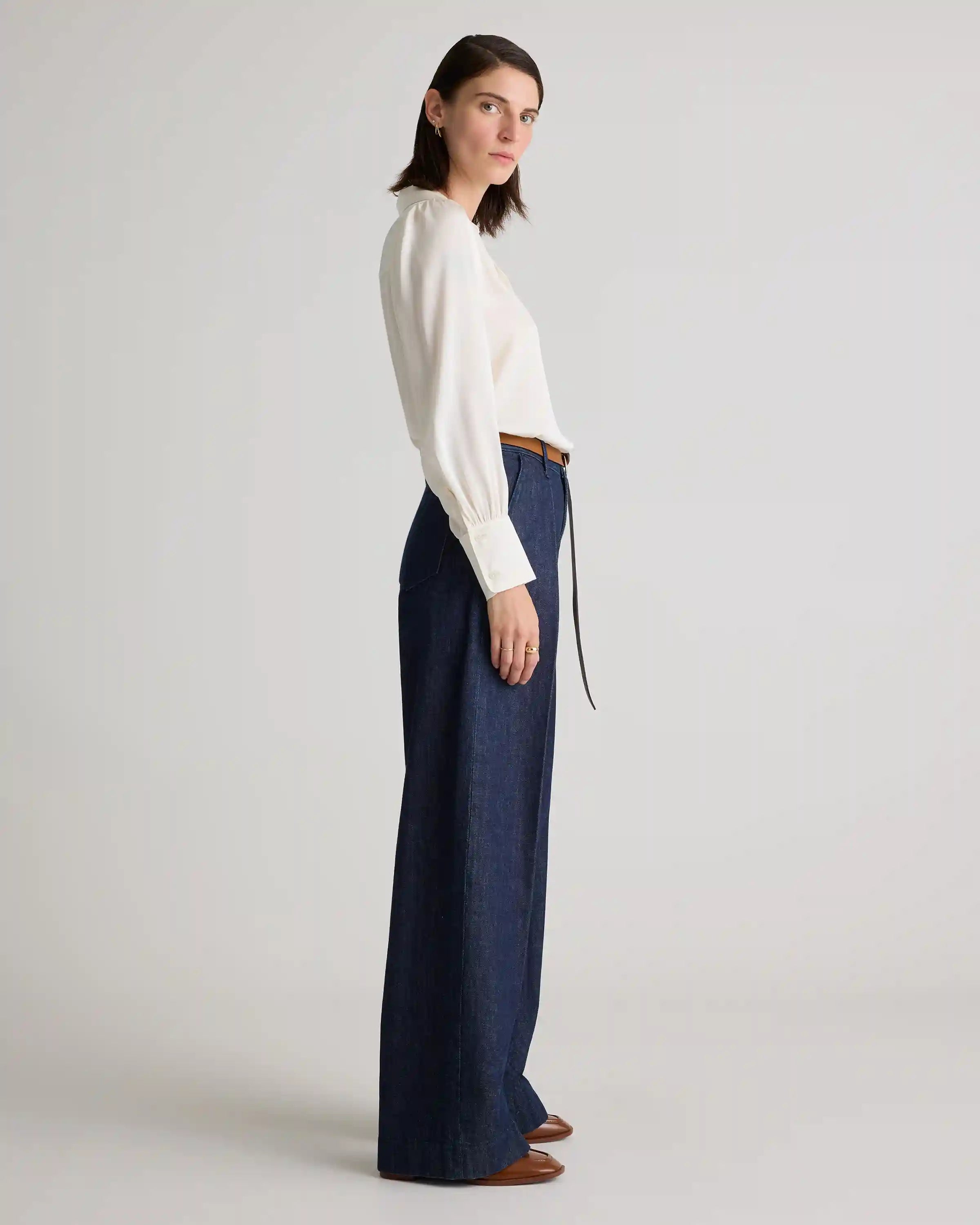 Washable Stretch Silk Split Neck Blouse