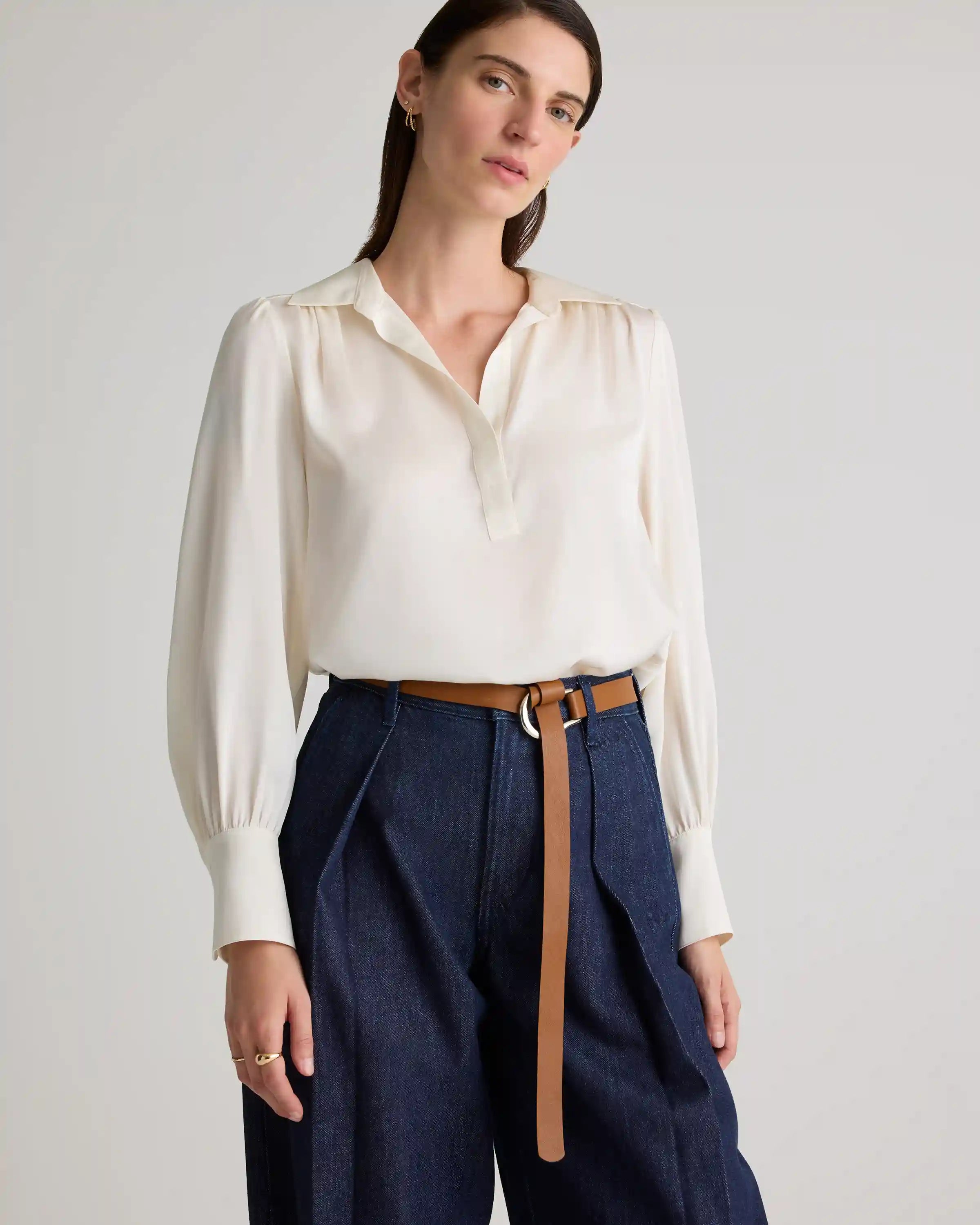 Washable Stretch Silk Split Neck Blouse