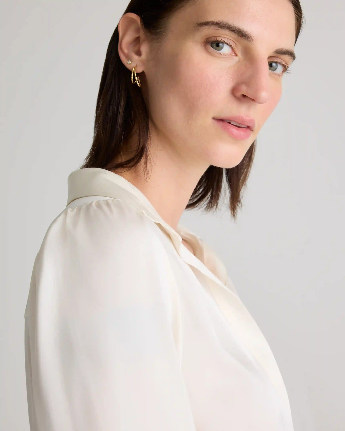 Washable Stretch Silk Split Neck Blouse