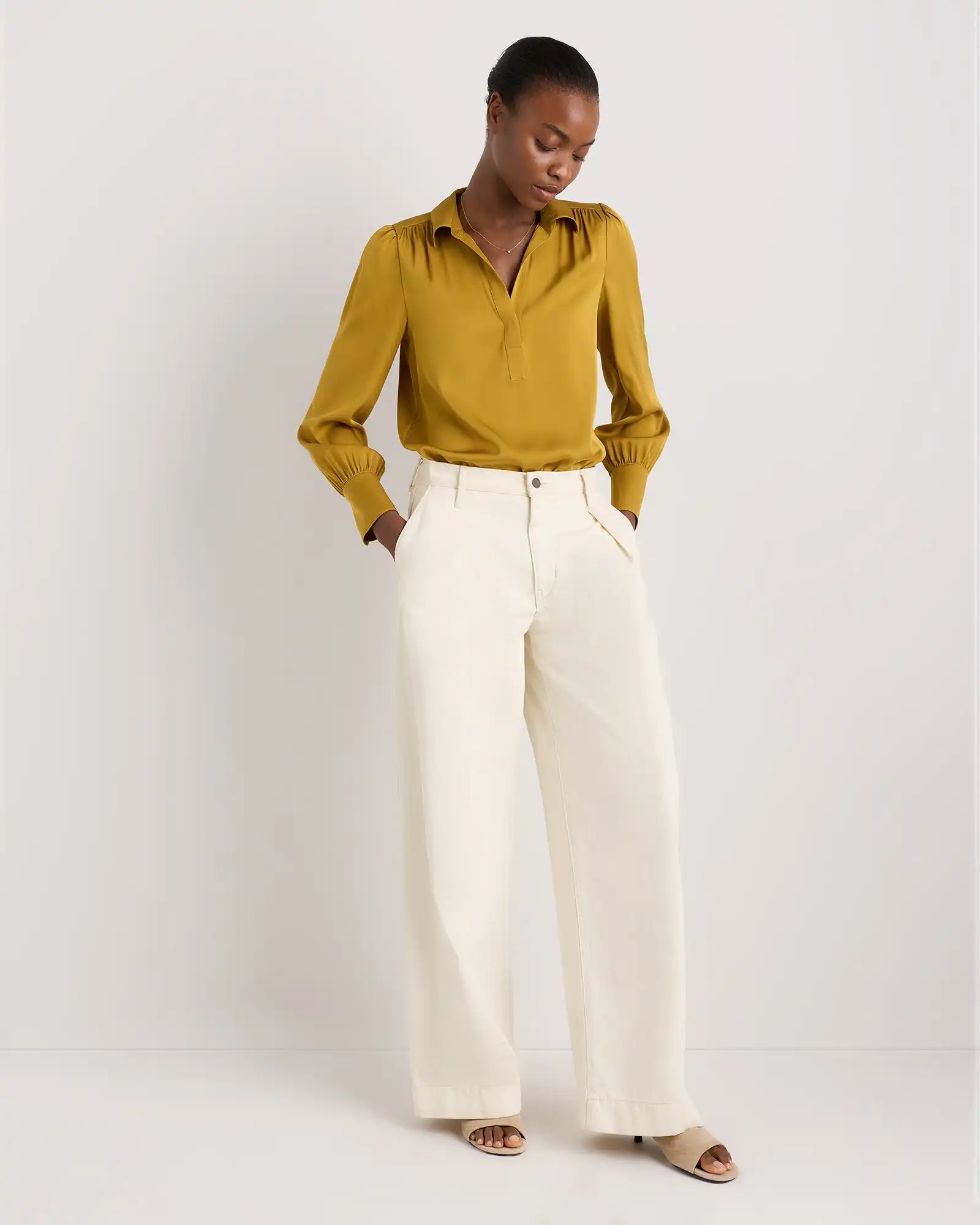 Washable Stretch Silk Split Neck Blouse