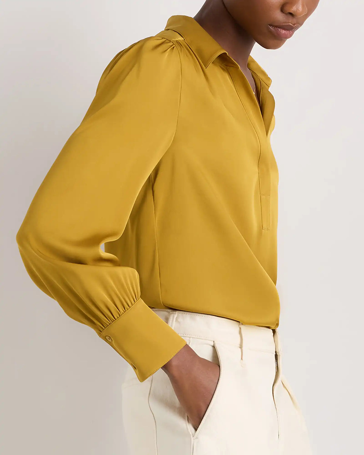 Washable Stretch Silk Split Neck Blouse