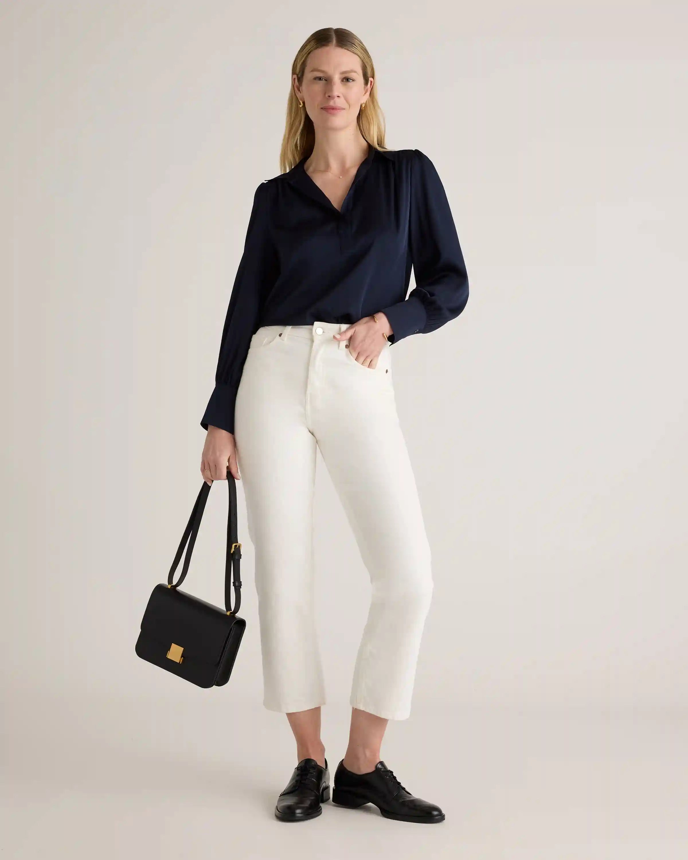 Washable Stretch Silk Split Neck Blouse