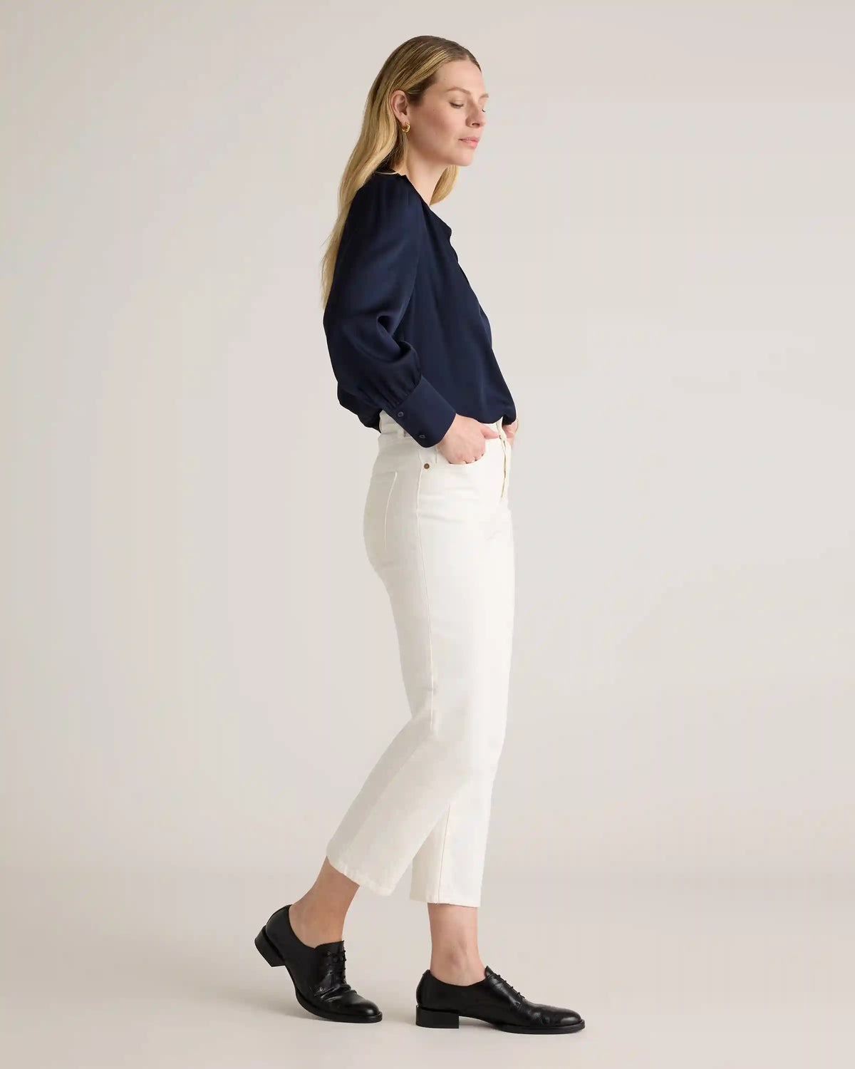 Washable Stretch Silk Split Neck Blouse