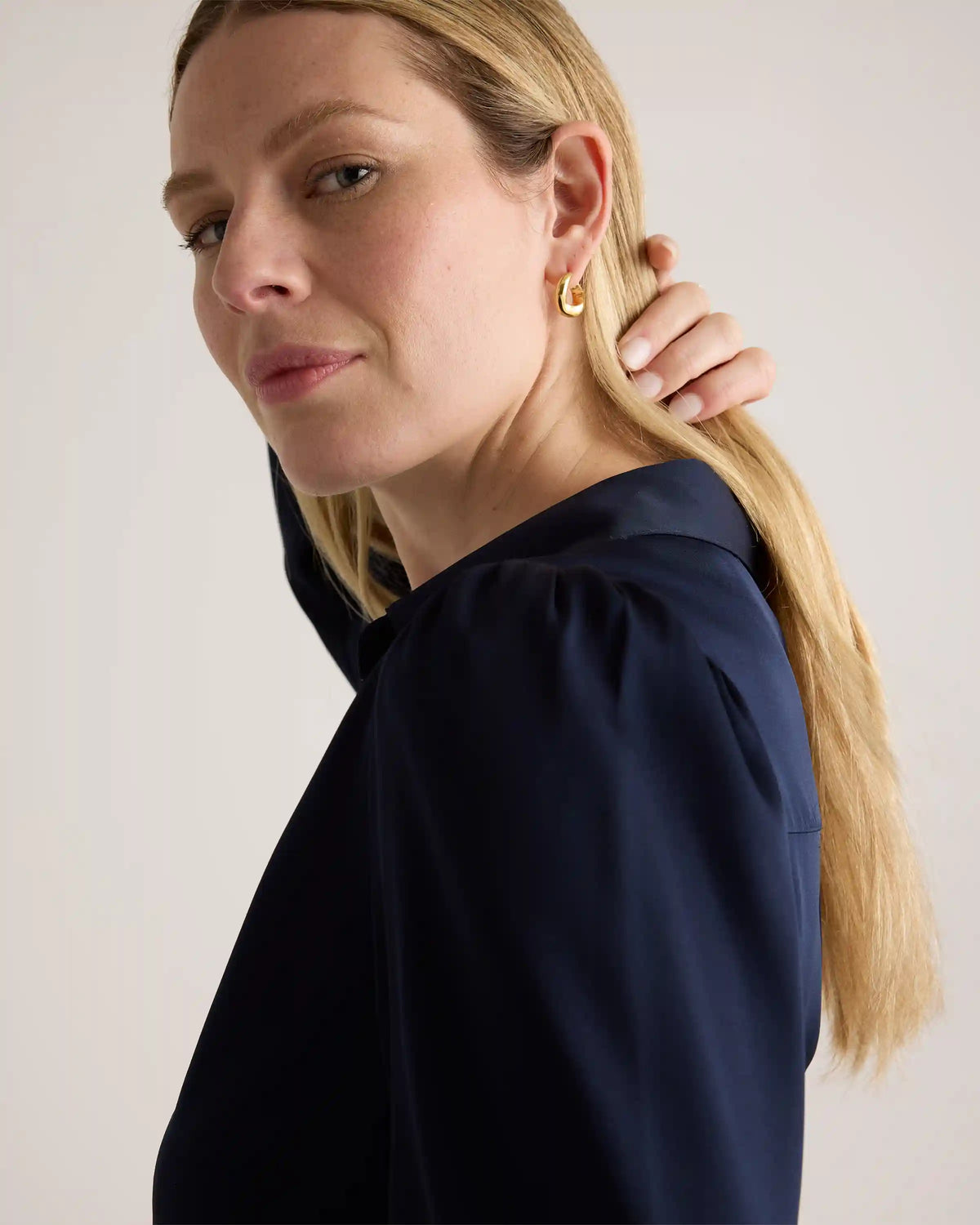 Washable Stretch Silk Split Neck Blouse
