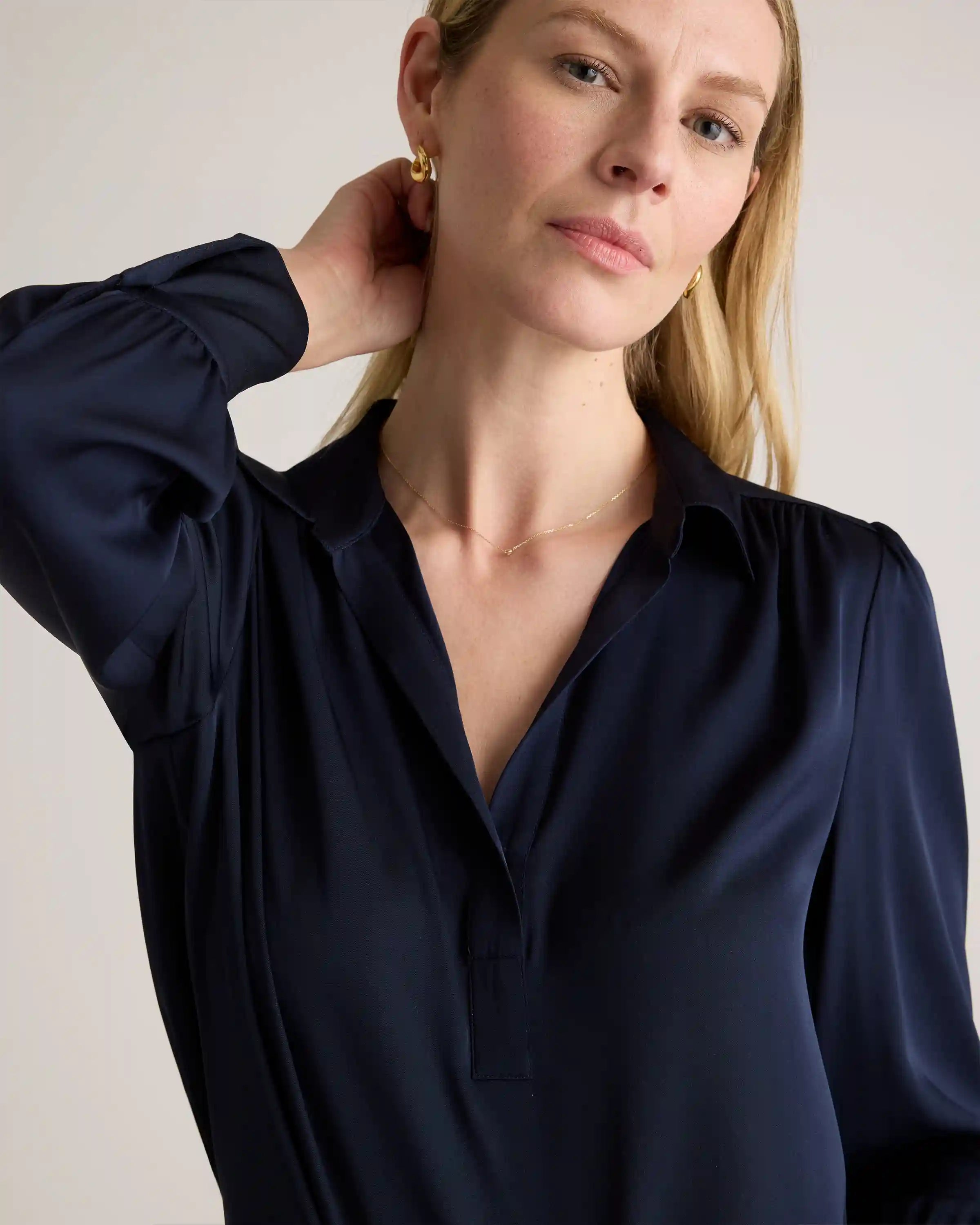 Washable Stretch Silk Split Neck Blouse