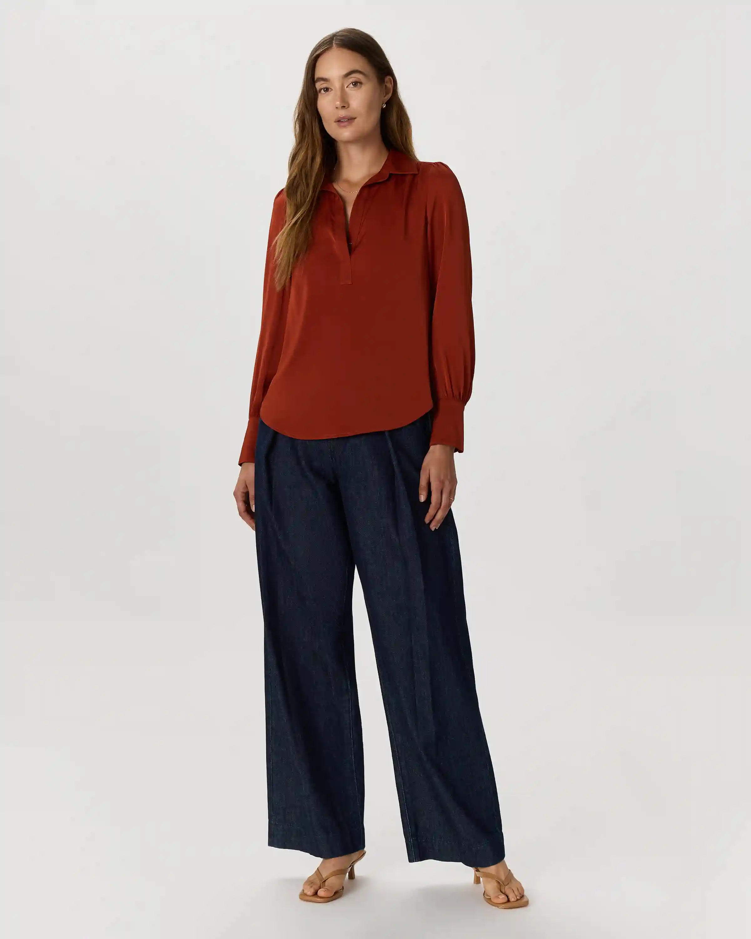 Washable Stretch Silk Split Neck Blouse