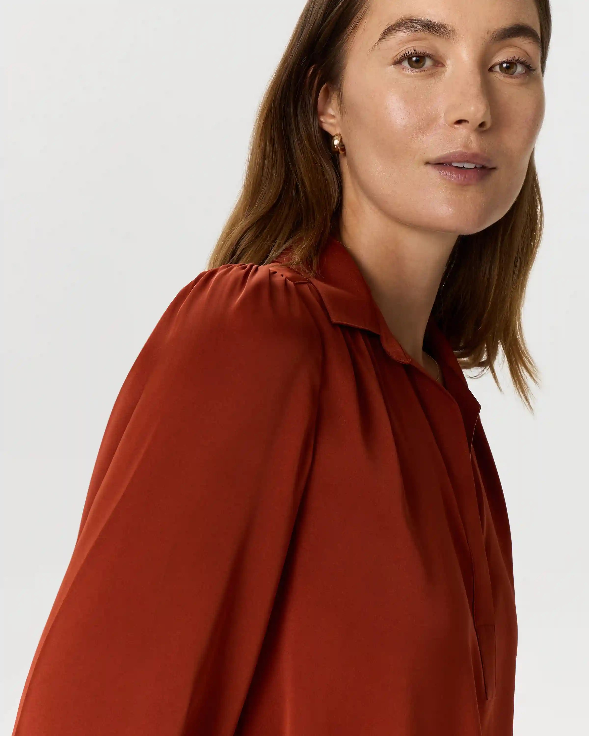 Washable Stretch Silk Split Neck Blouse