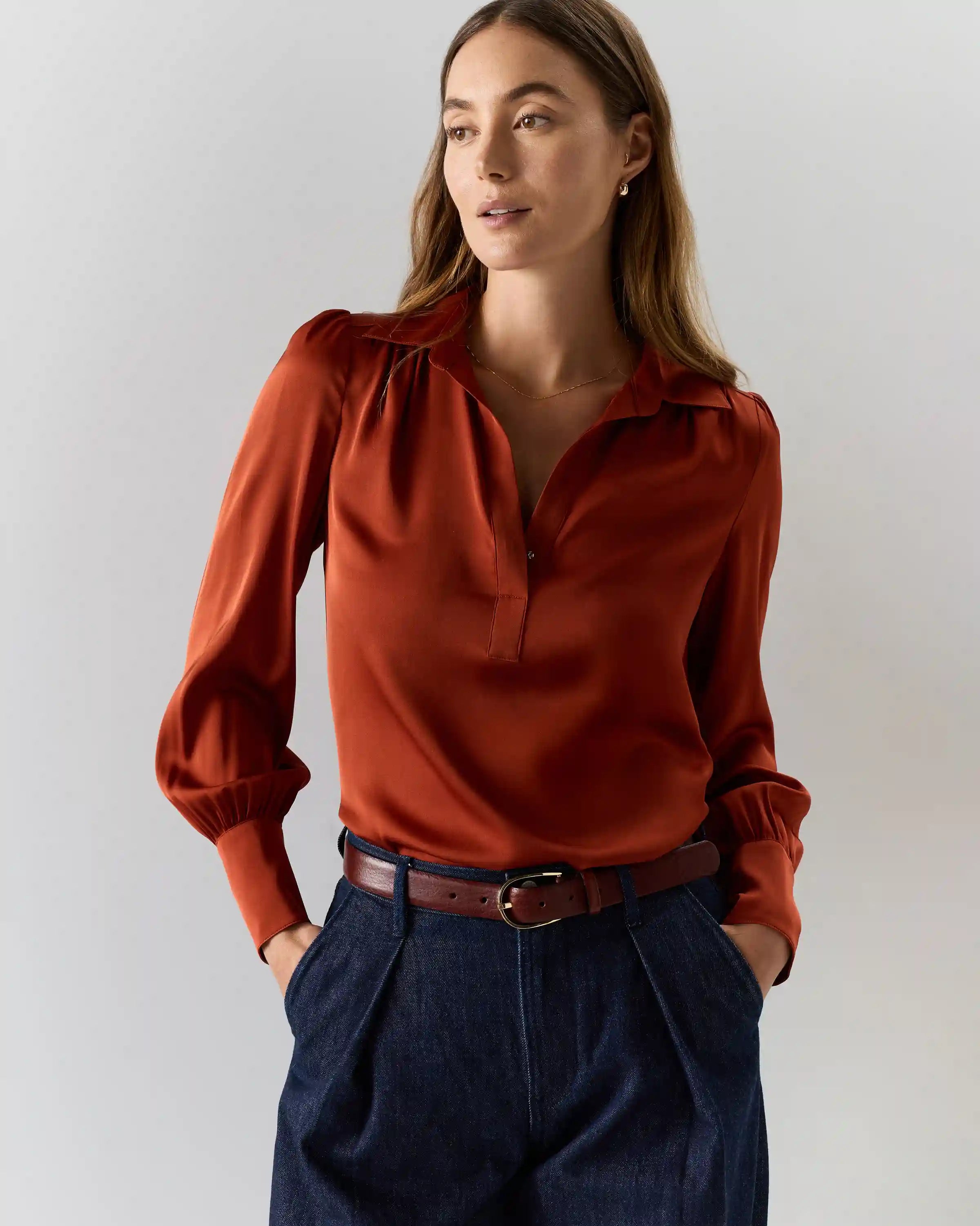 Washable Stretch Silk Split Neck Blouse