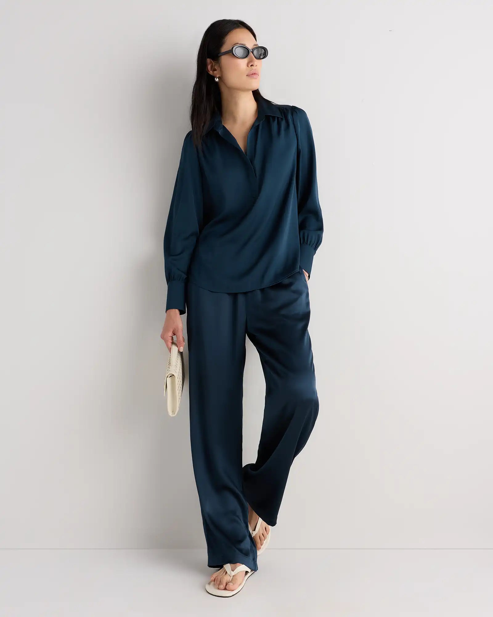 Washable Stretch Silk Split Neck Blouse