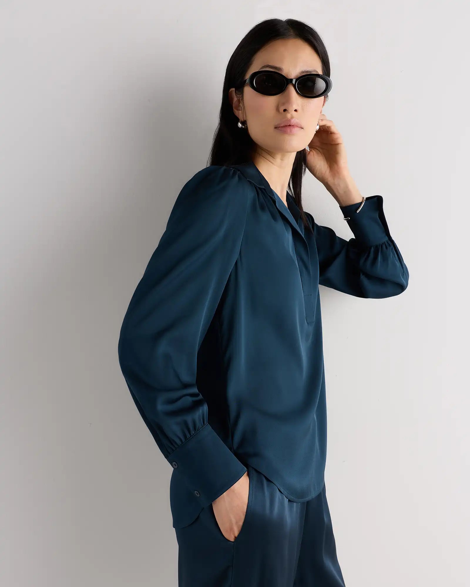 Washable Stretch Silk Split Neck Blouse
