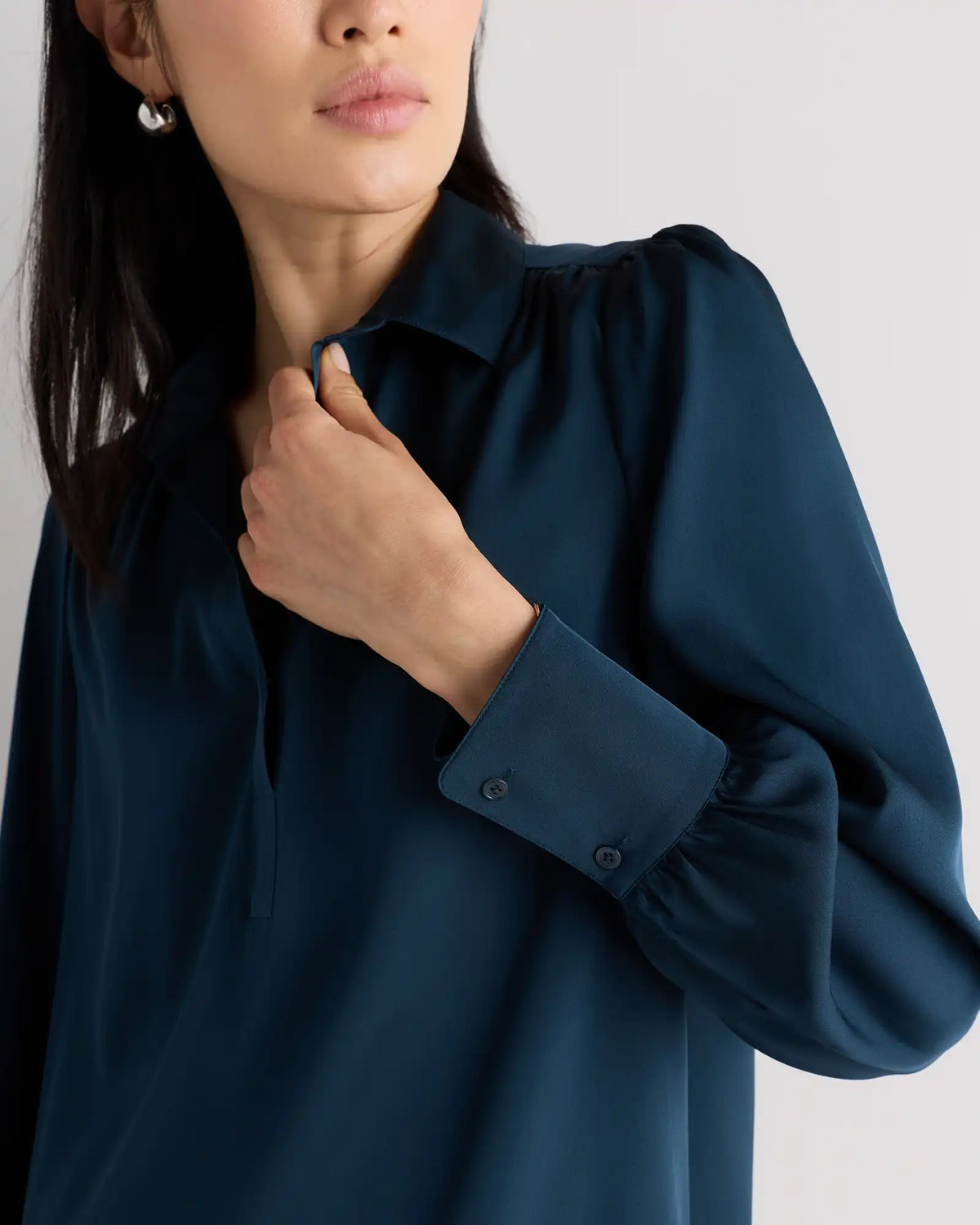 Washable Stretch Silk Split Neck Blouse
