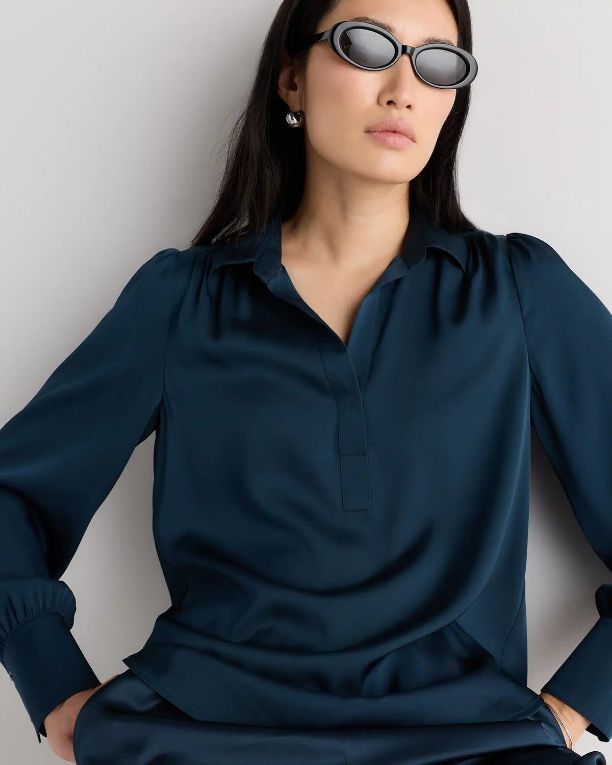 Washable Stretch Silk Split Neck Blouse