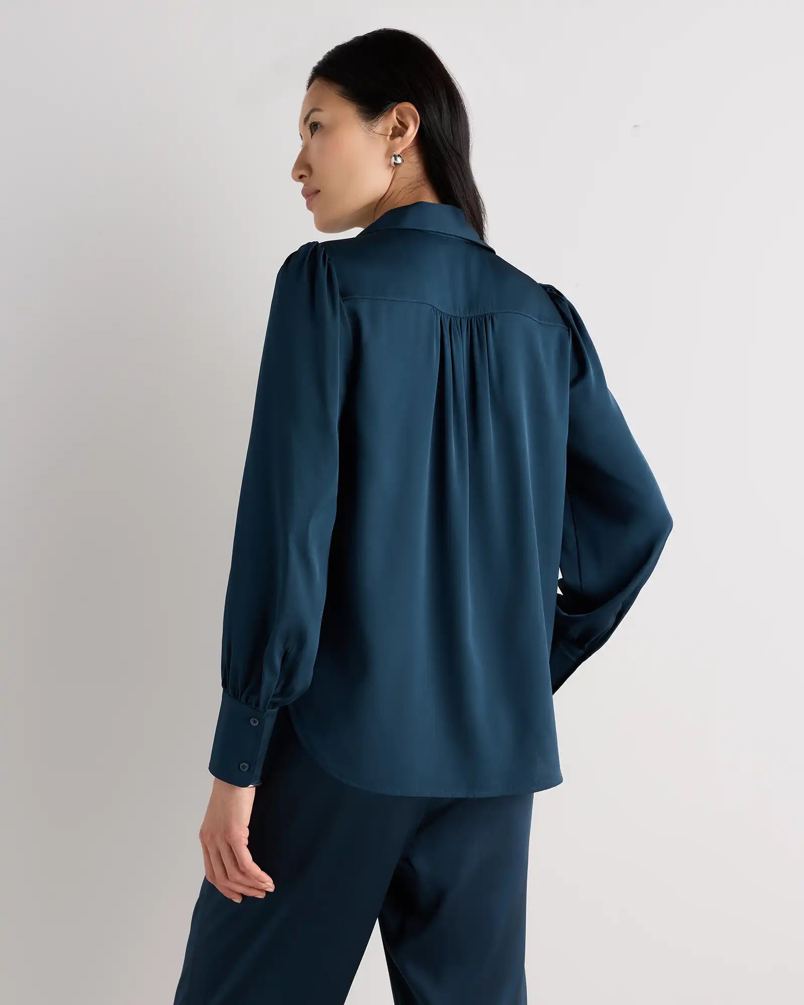 Washable Stretch Silk Split Neck Blouse