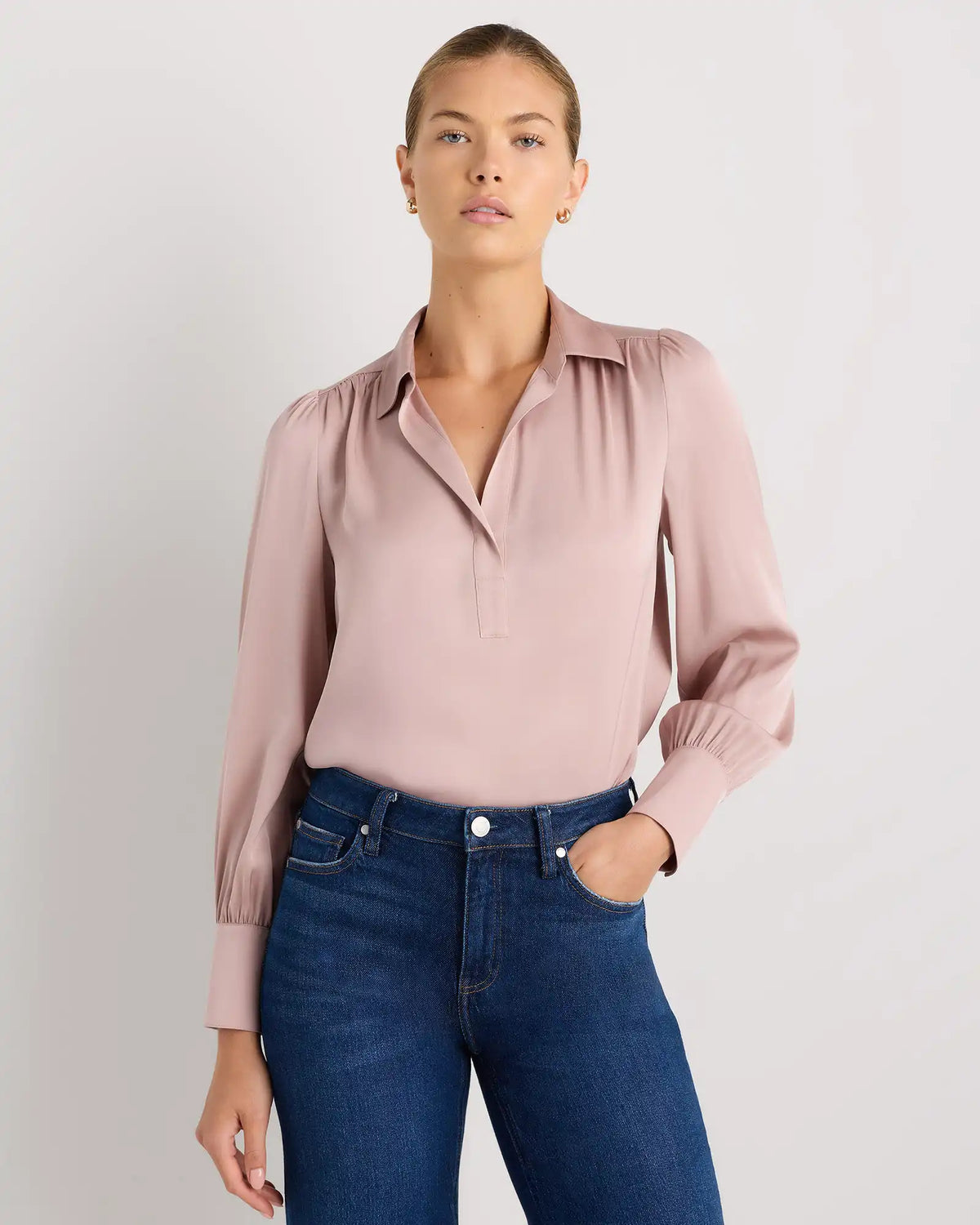 Washable Stretch Silk Split Neck Blouse