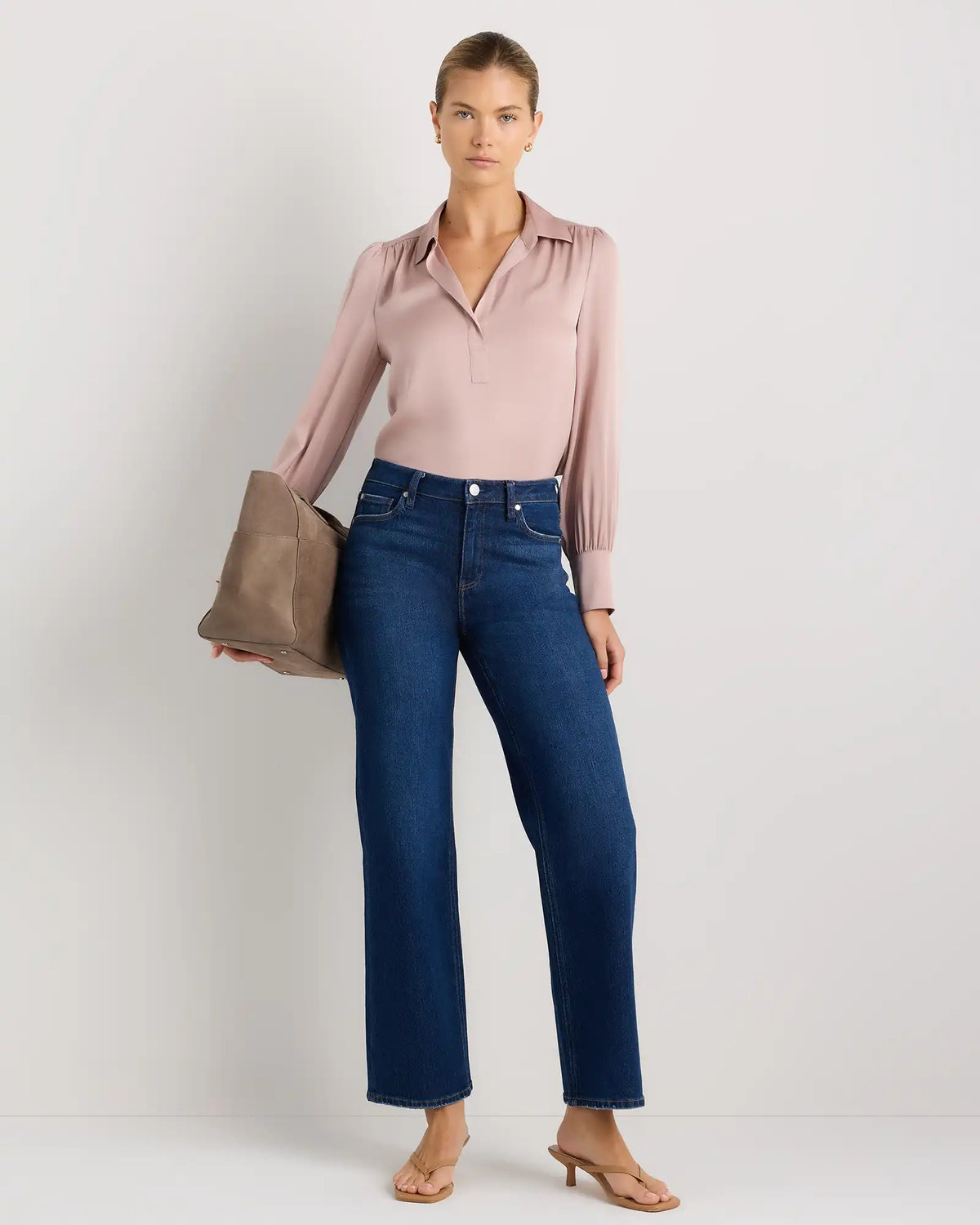 Washable Stretch Silk Split Neck Blouse