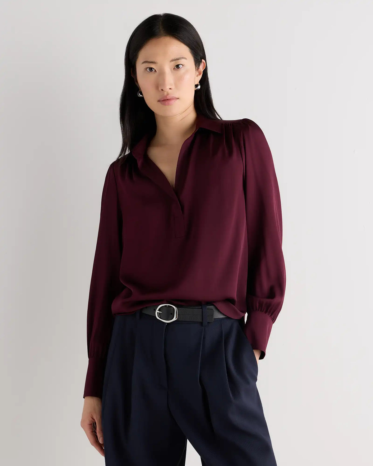 Washable Stretch Silk Split Neck Blouse