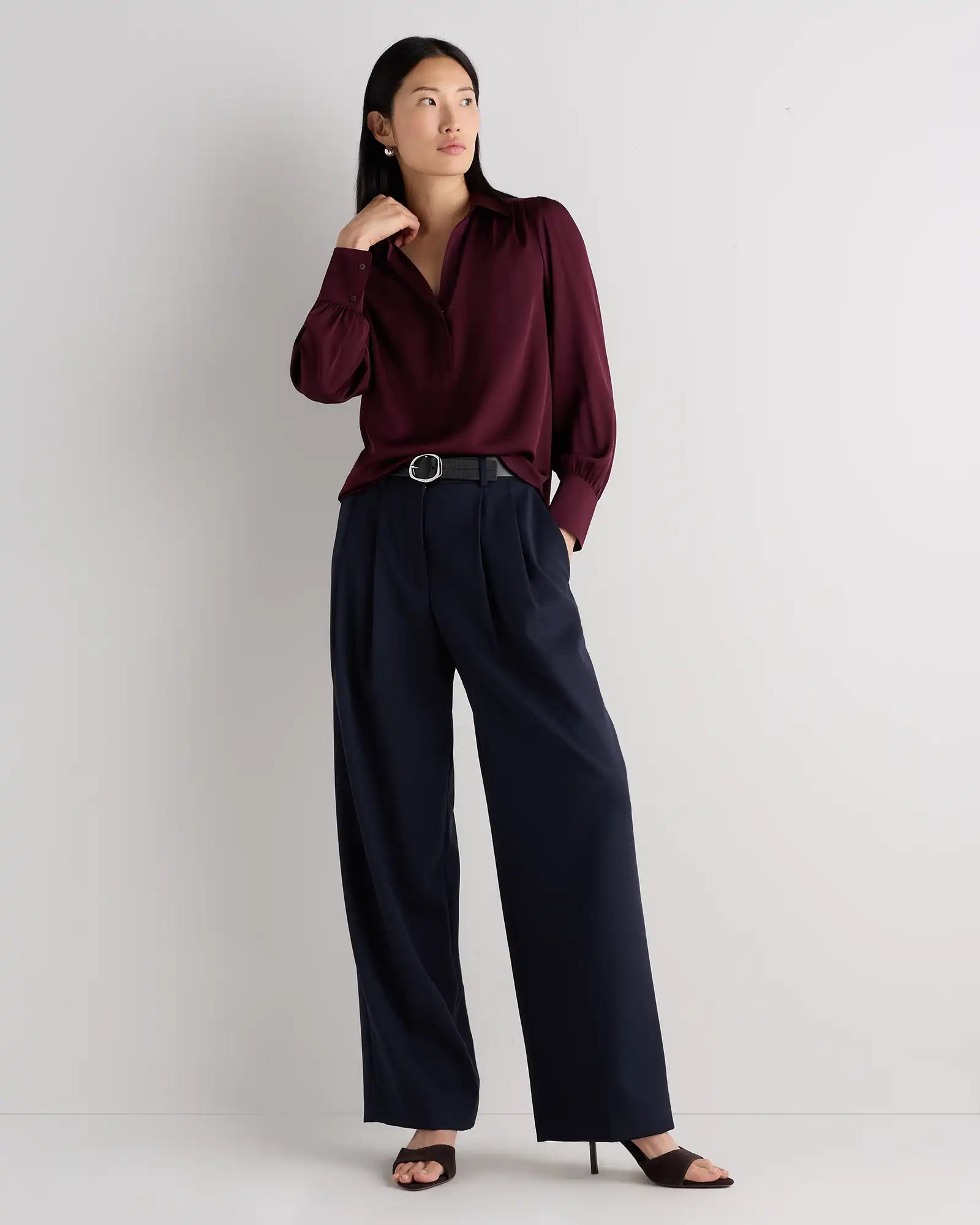 Washable Stretch Silk Split Neck Blouse
