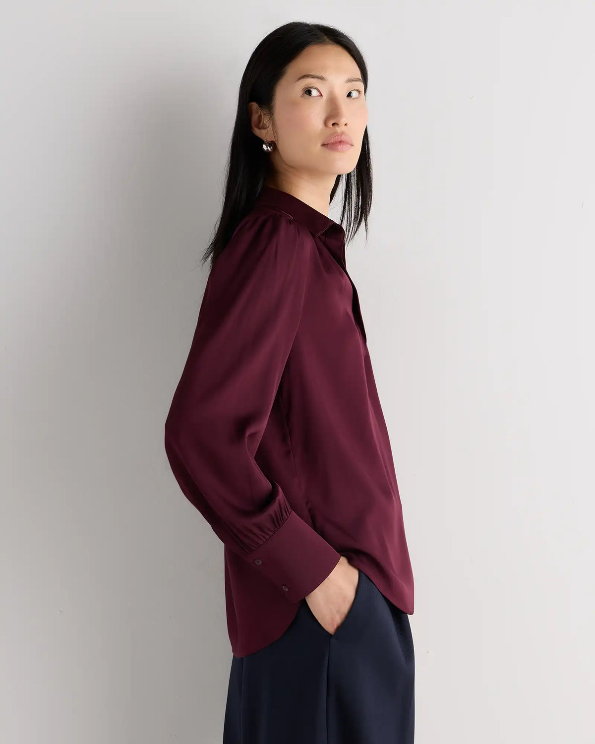Washable Stretch Silk Split Neck Blouse