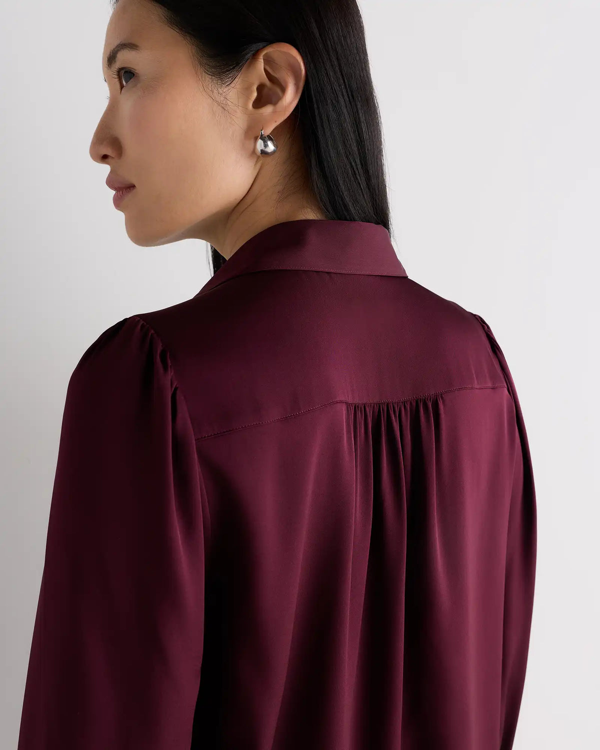 Washable Stretch Silk Split Neck Blouse