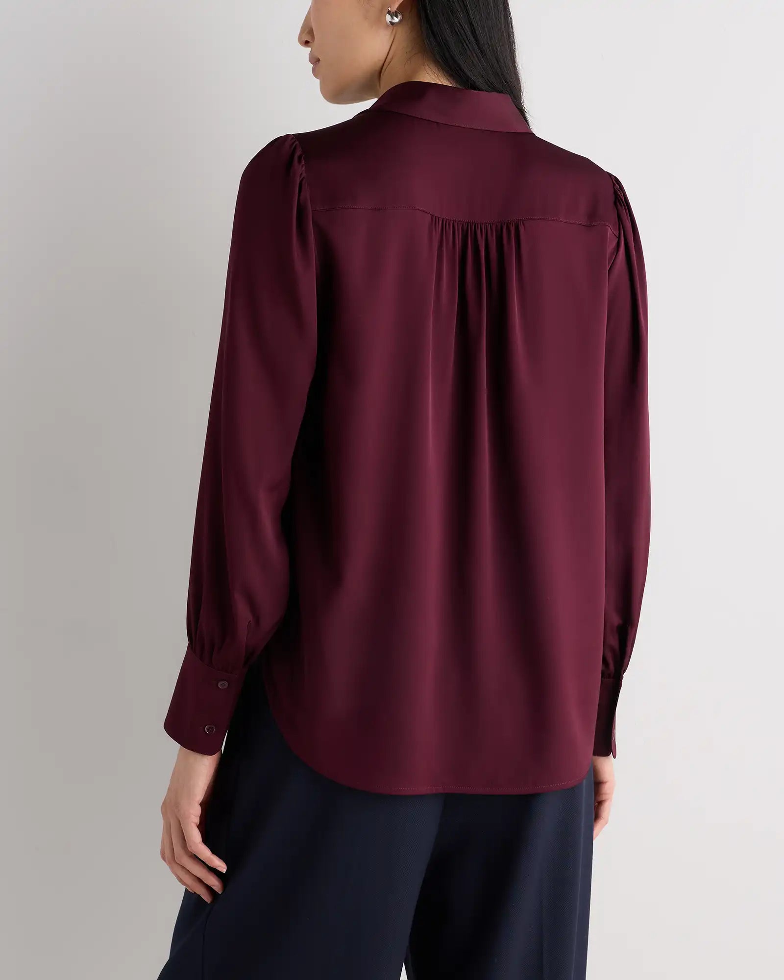 Washable Stretch Silk Split Neck Blouse