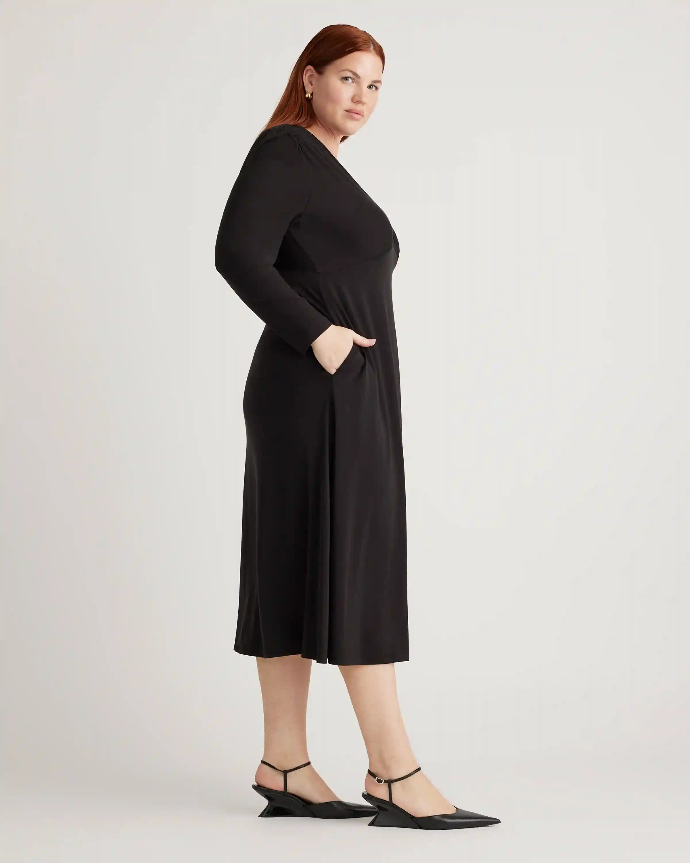 Tencel Jersey V-Neck Long Sleeve Midi Dress
