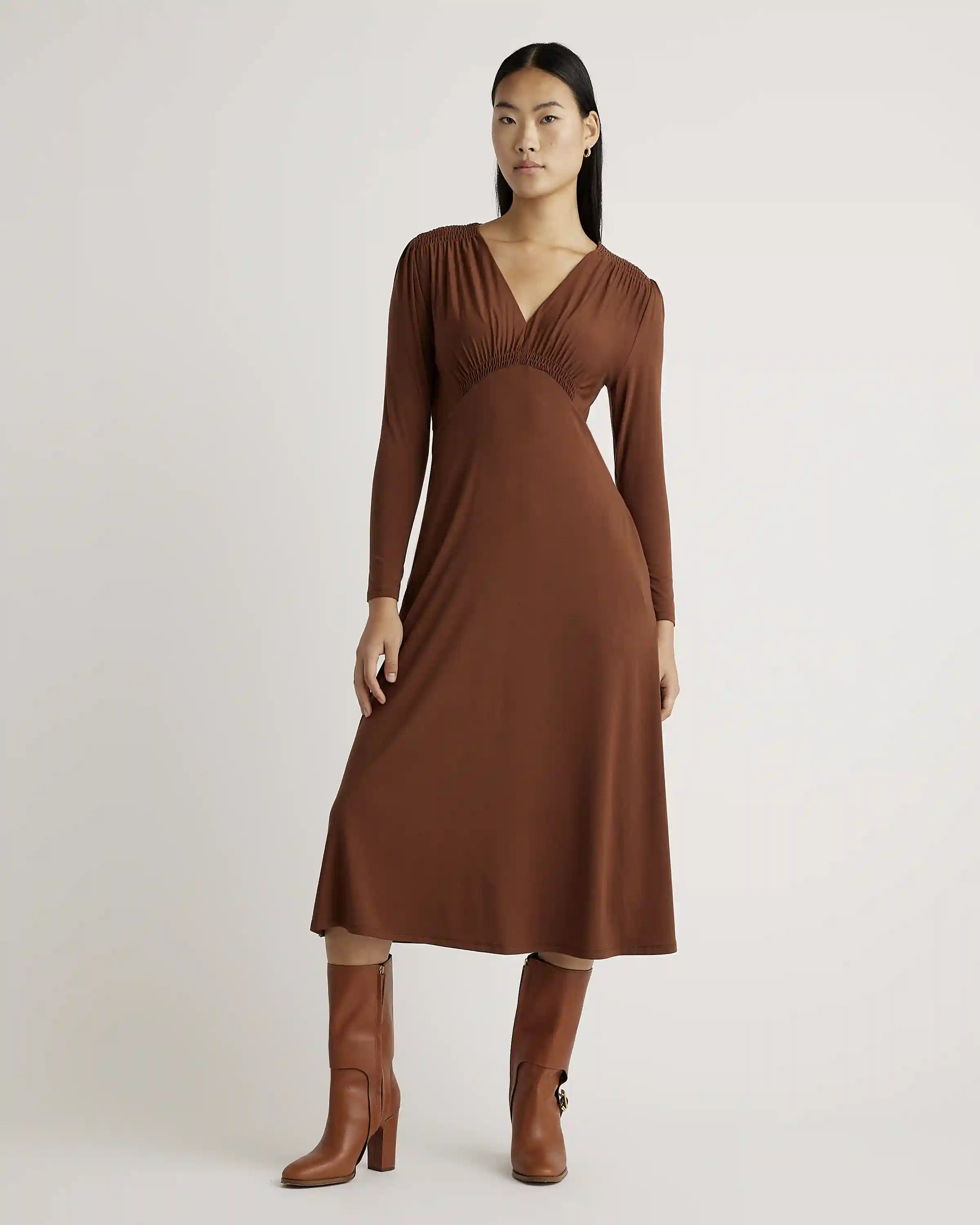 Tencel Jersey V-Neck Long Sleeve Midi Dress