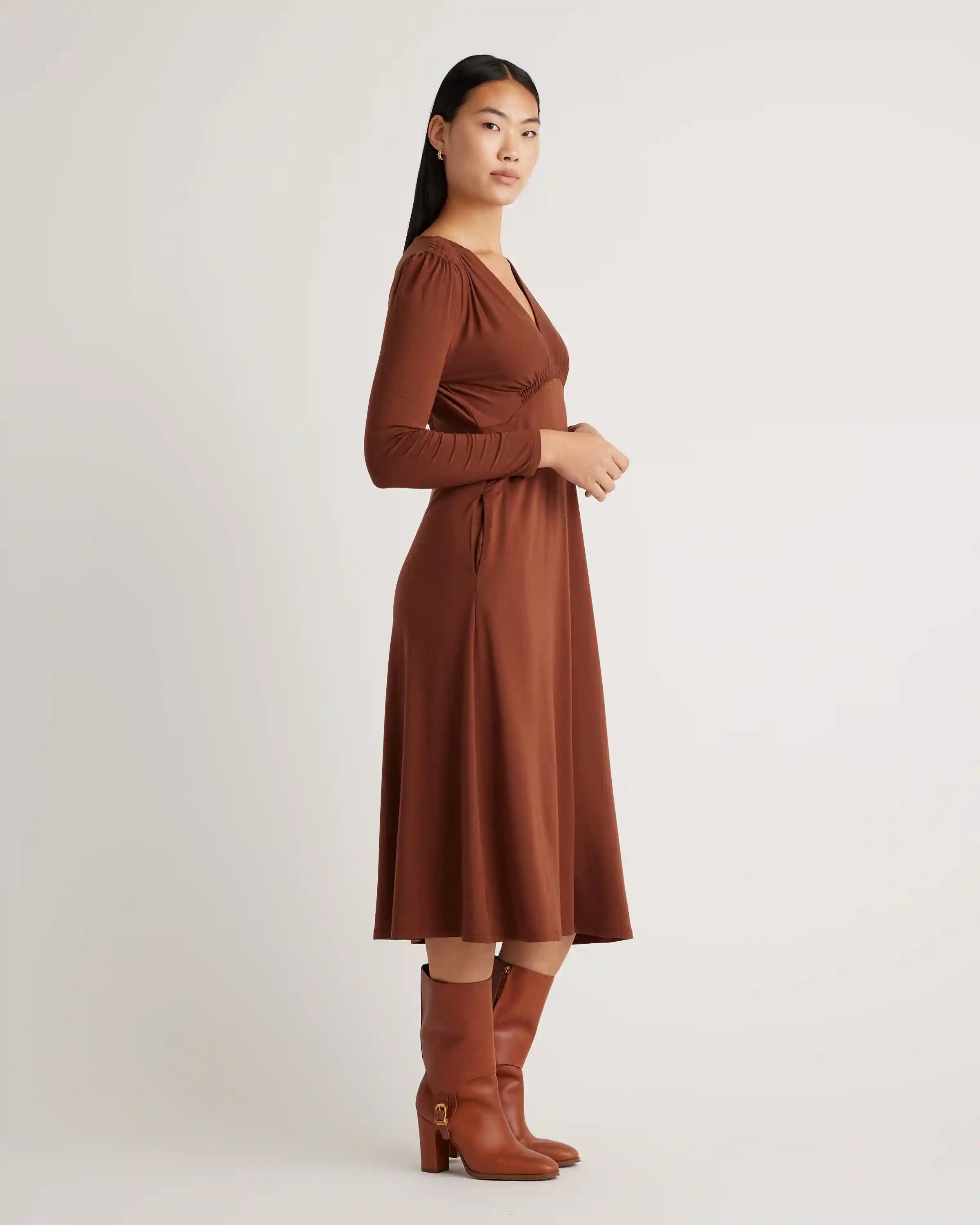Tencel Jersey V-Neck Long Sleeve Midi Dress