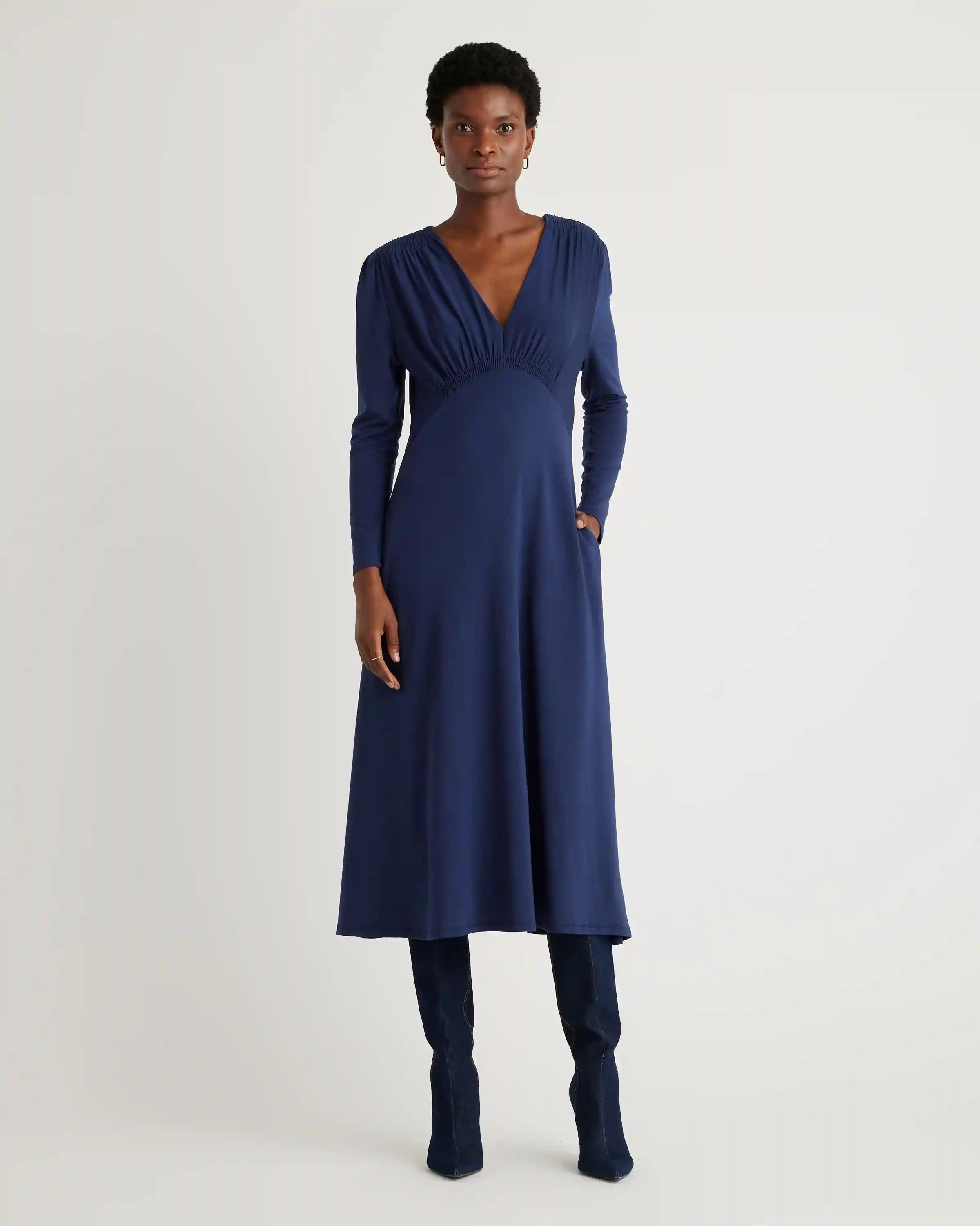 Tencel Jersey V-Neck Long Sleeve Midi Dress