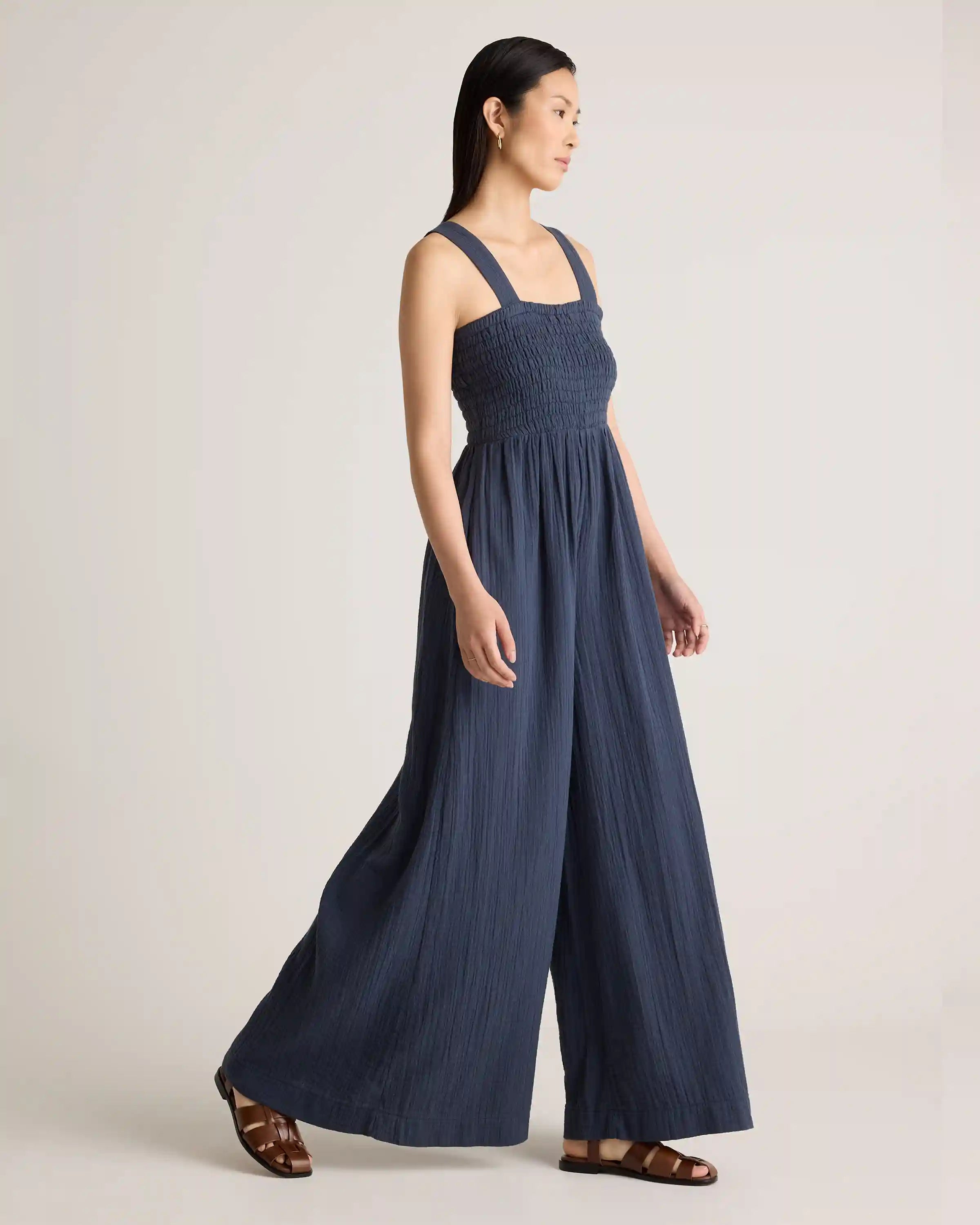 100% Organic Cotton Gauze Smocked Wide Leg Jumpsuit