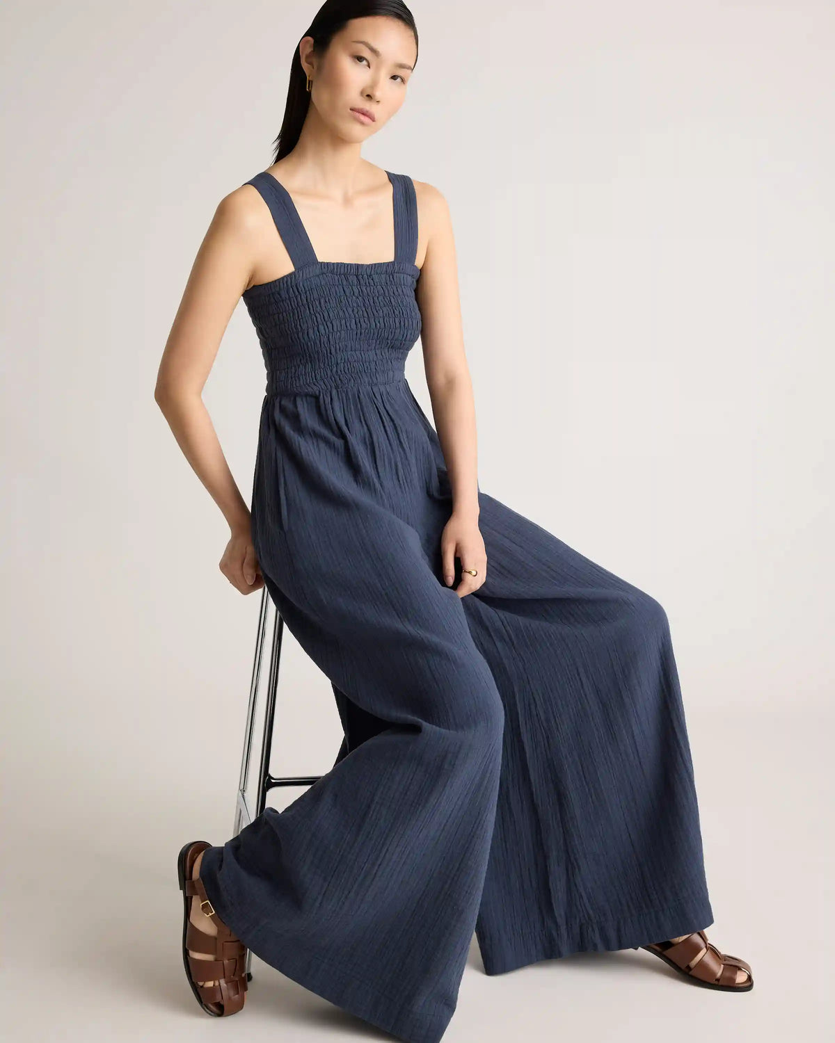 100% Organic Cotton Gauze Smocked Wide Leg Jumpsuit