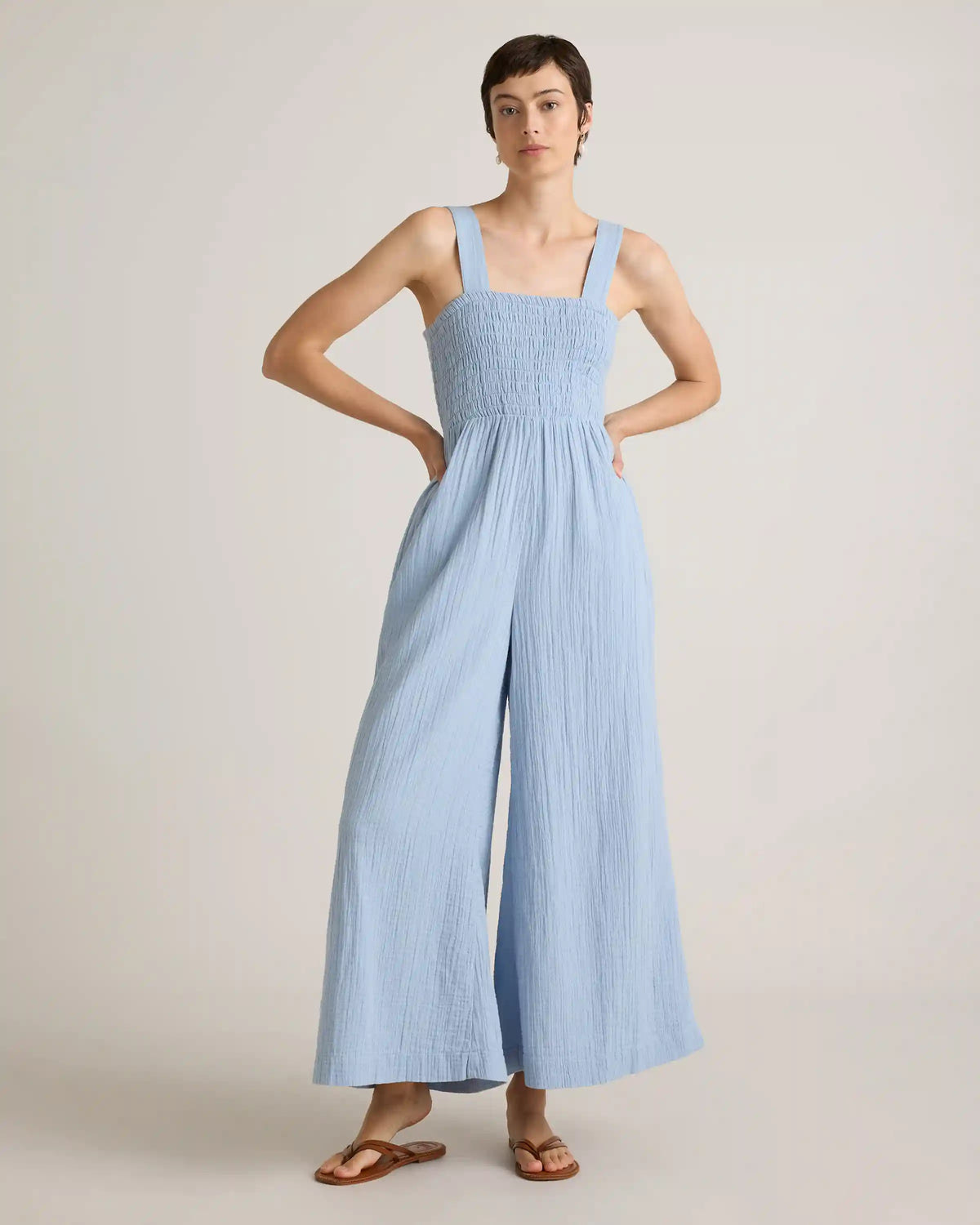 100% Organic Cotton Gauze Smocked Wide Leg Jumpsuit