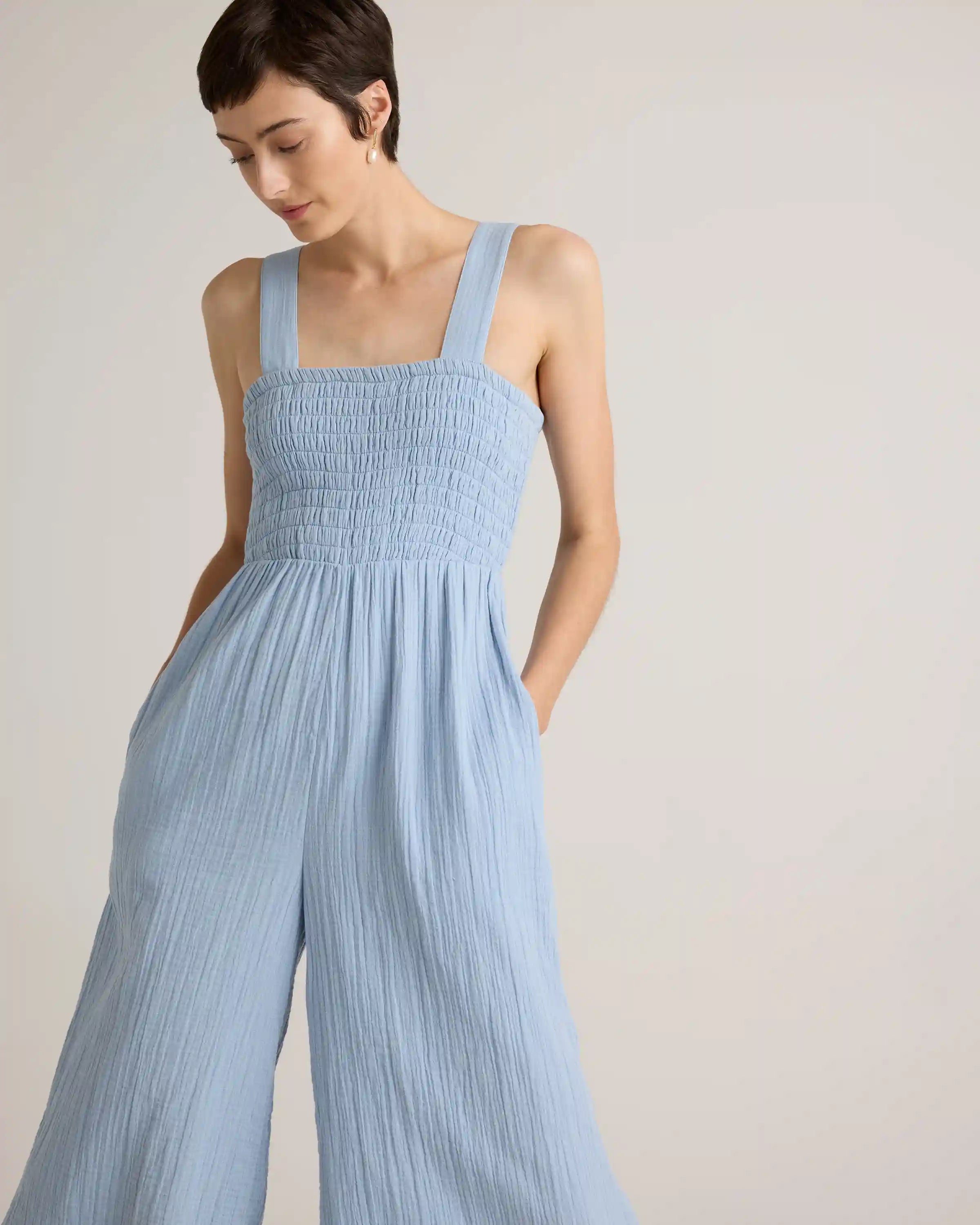 100% Organic Cotton Gauze Smocked Wide Leg Jumpsuit